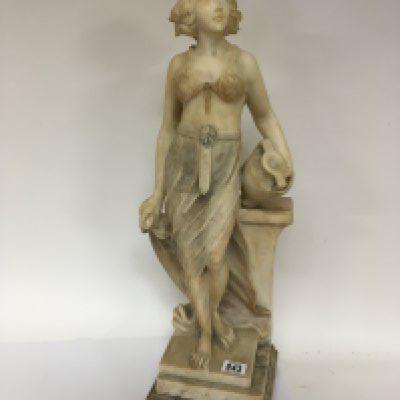 A Quality Art Deco carved Carrera Marble figure a full length lady of Art Deco dress and with Neo classical influences holding an urn on a stepped base no obvious damage. Height 70cm