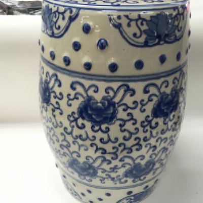 A Chinese blue and white garden seat. 45cm tall by 34cm wide approximately. Postage D