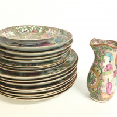A collection of late 19th/ early 20th Century Chinese Famille Rose plates and a jug. Some damage. This lot cannot be posted
