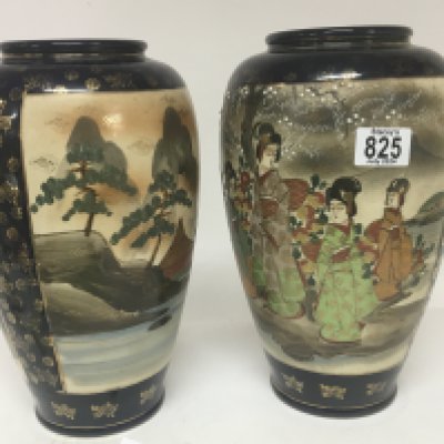 A Pair of Japanese Satsuma Vases decorated with figures and landscapes. Height 30cm. NO RESERVE