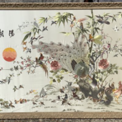 An intricate and wonderfully decorative large mid century Chinese silk embroidery of 100 Birds. &ldquo;Hundred Birds paying court to the Phoenix&rdquo; (Bainiao Chao Feng 百鸟朝凤), the phrase carries the meaning of &ldquo;Peace under a wise ruler," (155cm x 95cm). (Previously owned and from the estate of Sid James unfortunately no provenance).