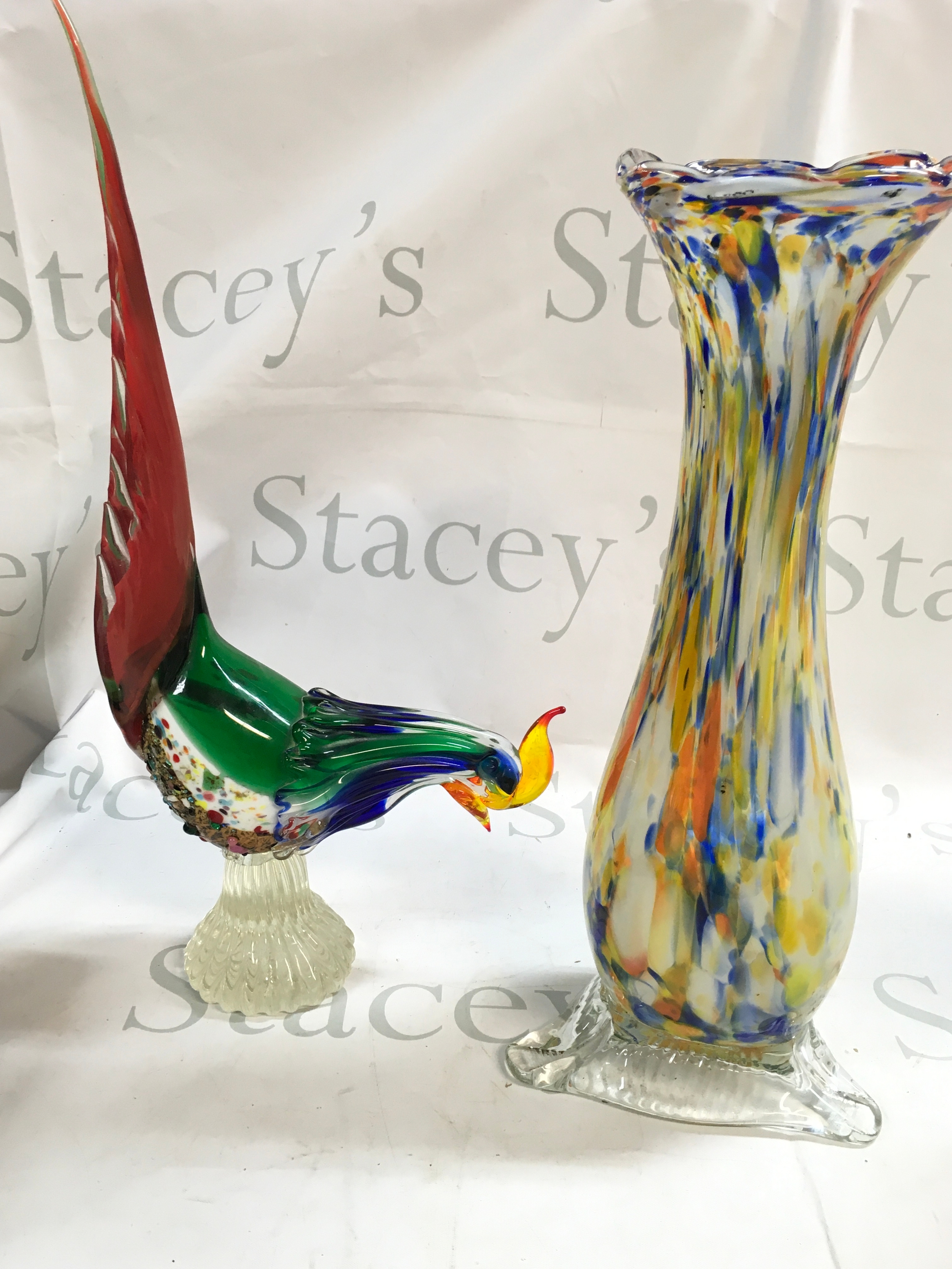 Murano bird and vase. Vase height 38cm, Murano bird height 44cm. 