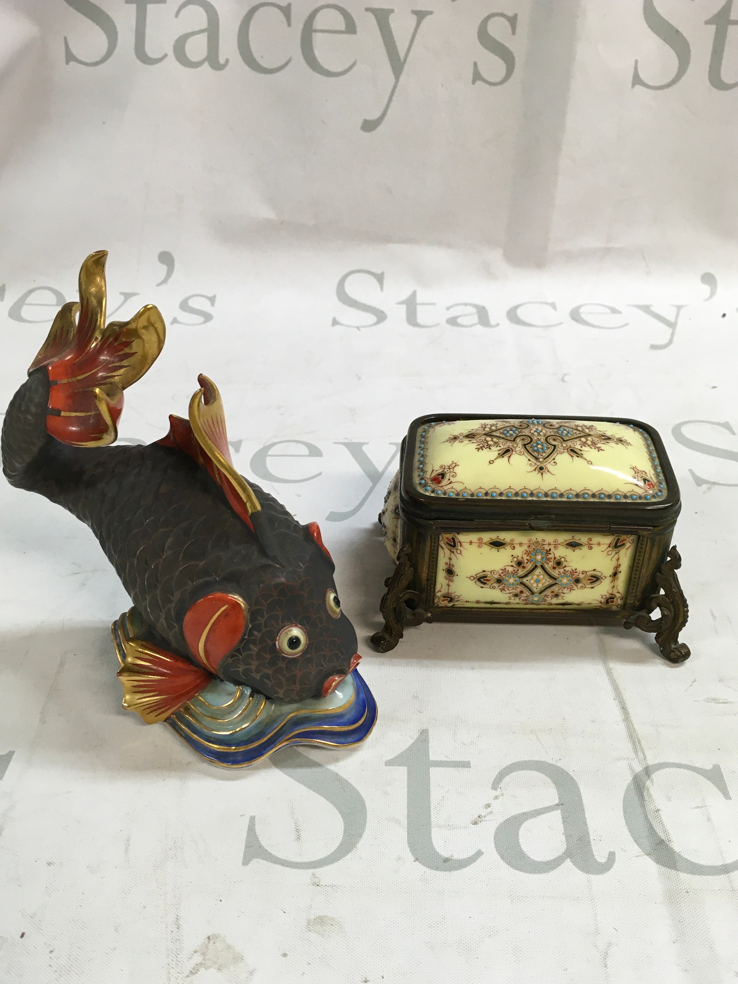 A porcelain Herend fish and ceramic trinket box. 