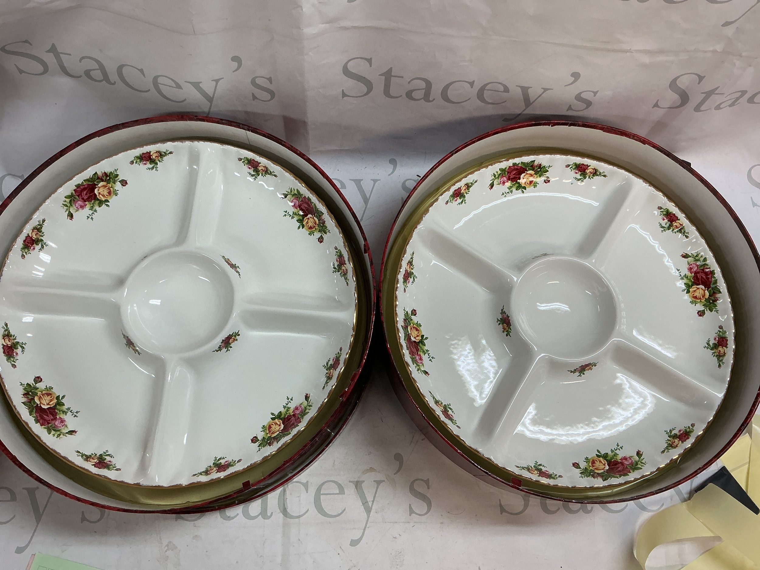 2x Royal Albert old county roses 'chip n dip' divided dishes 