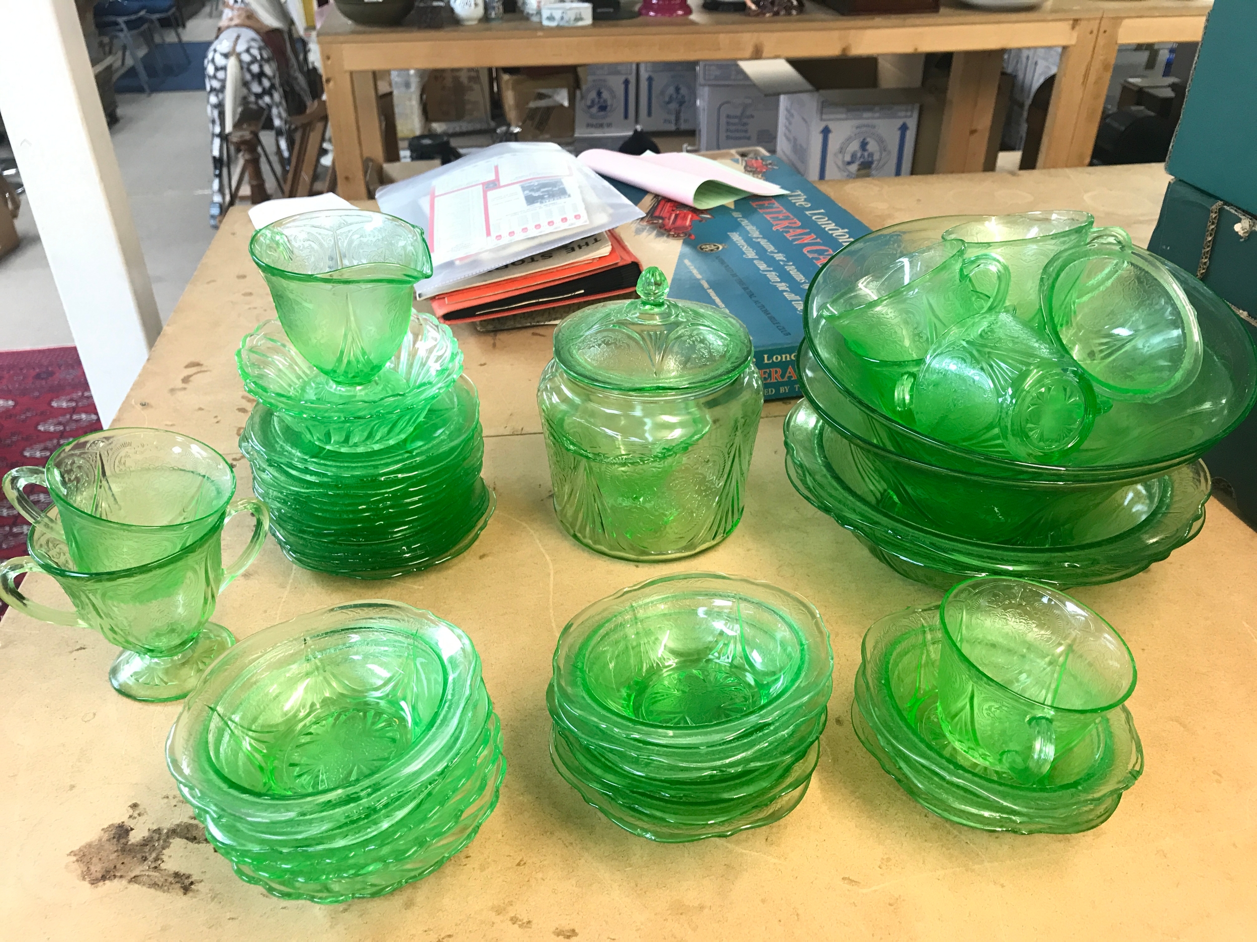 A Collection of Green press mould glass including cups, plates, bowls etc