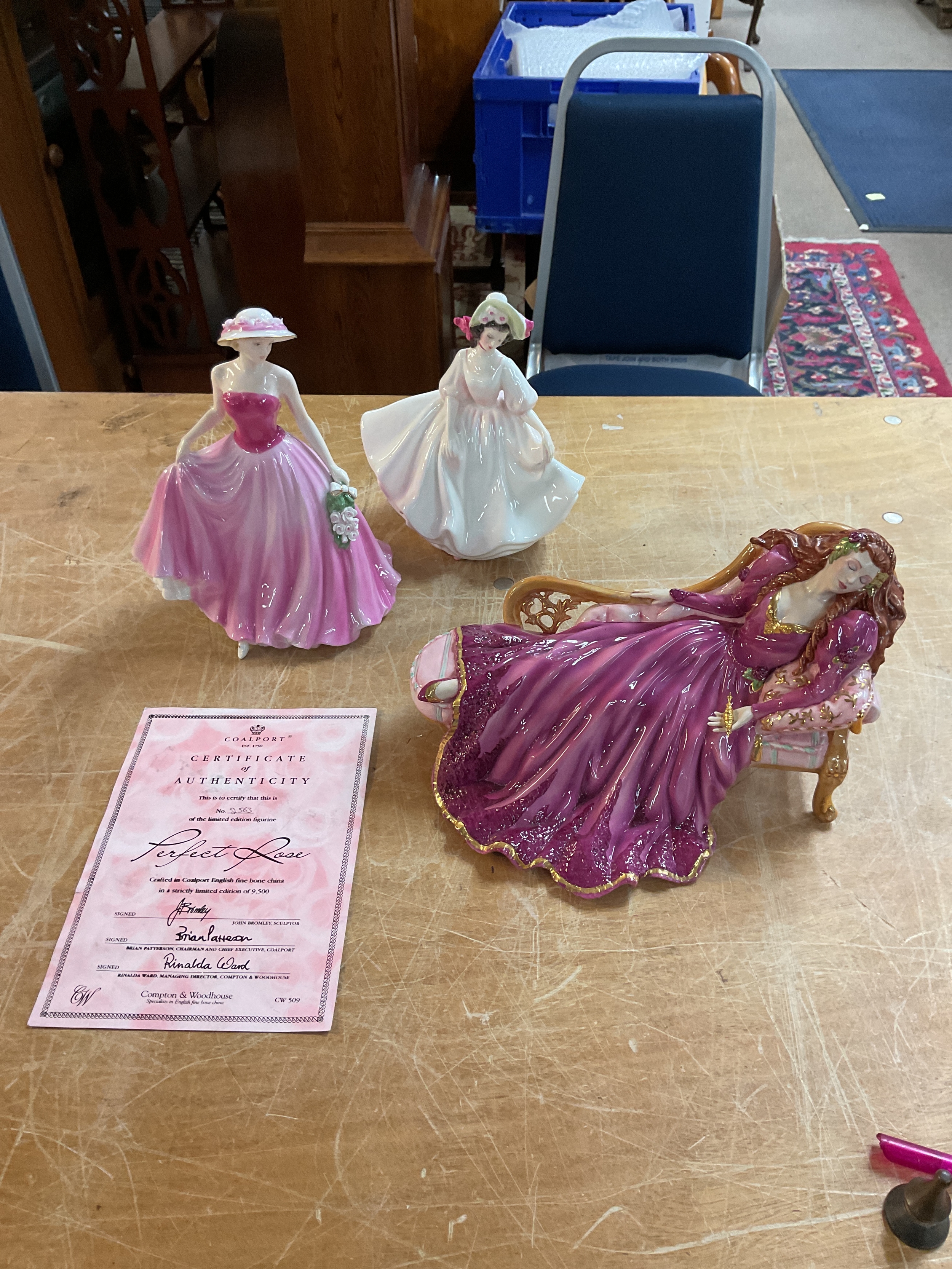 Coalport perfect rose, Royal Doulton Sunday Best HN 2698 and Franklin Mint Sleeping Beauty.