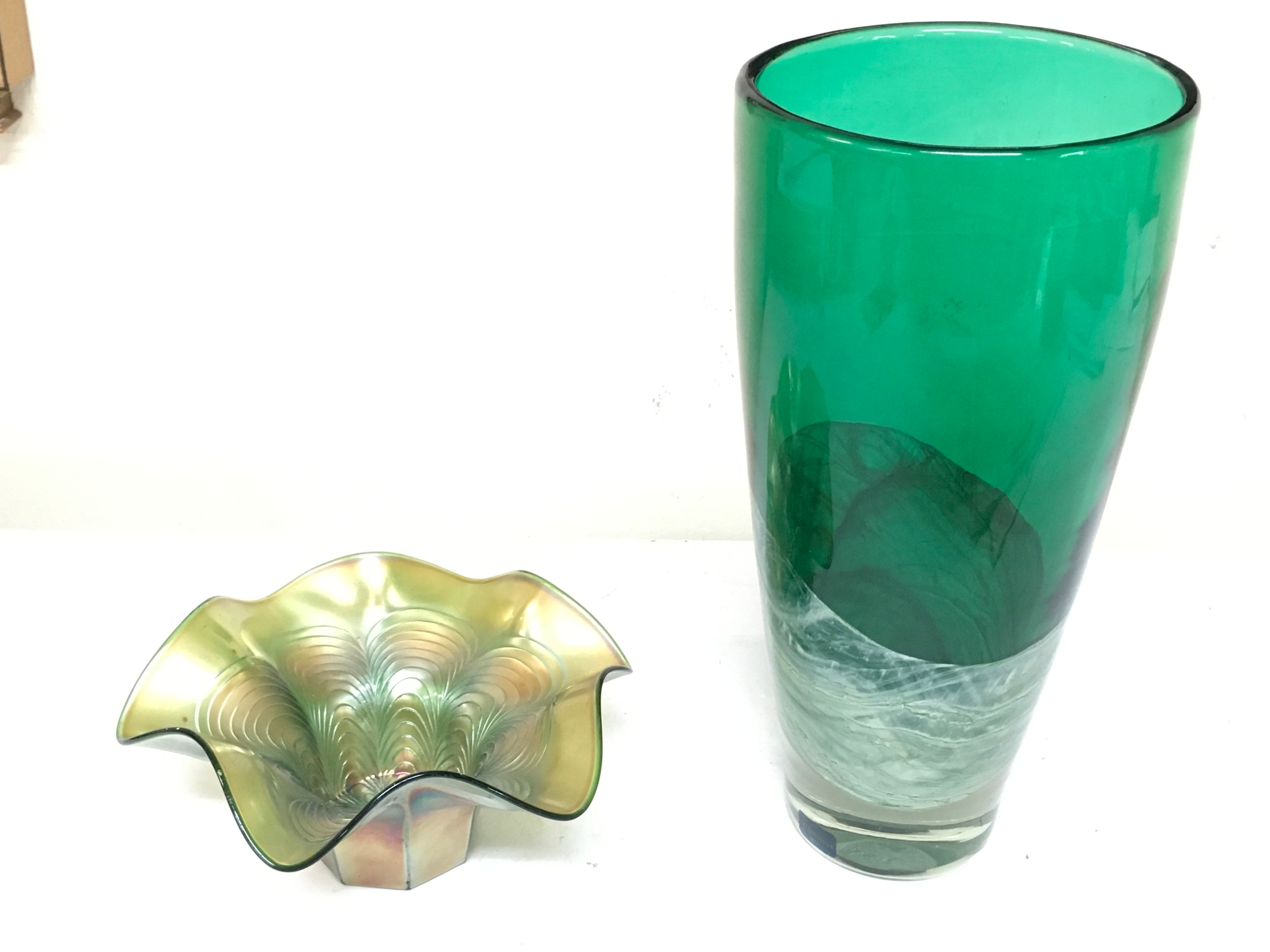 Loetz style dish (17cm wide) and Caithness vase (26cm tall)