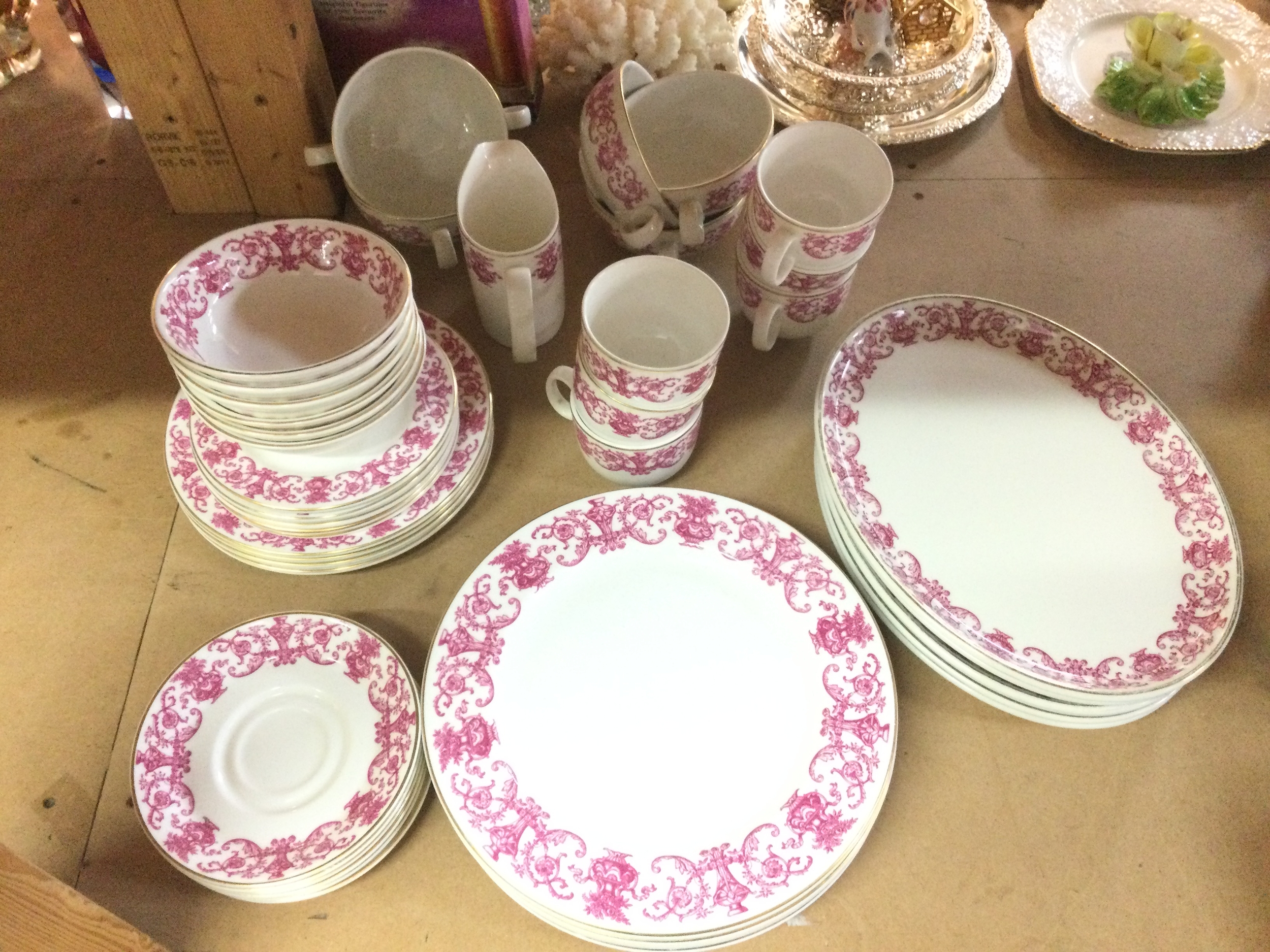 Royal Doulton pink pattern dinner service with plates, cups, saucers 