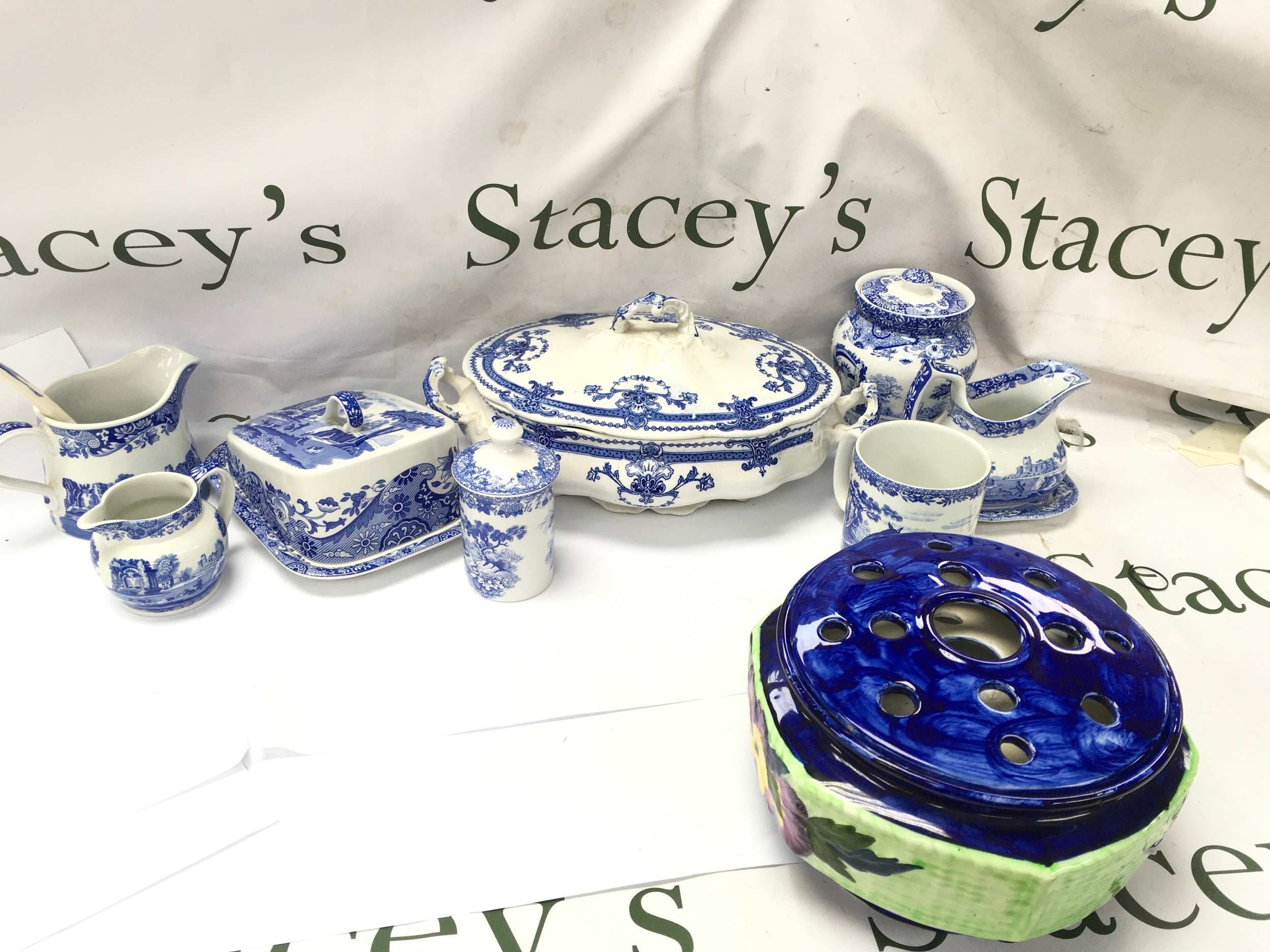 A collection of Spode tableware and a Malingware flower arranger 