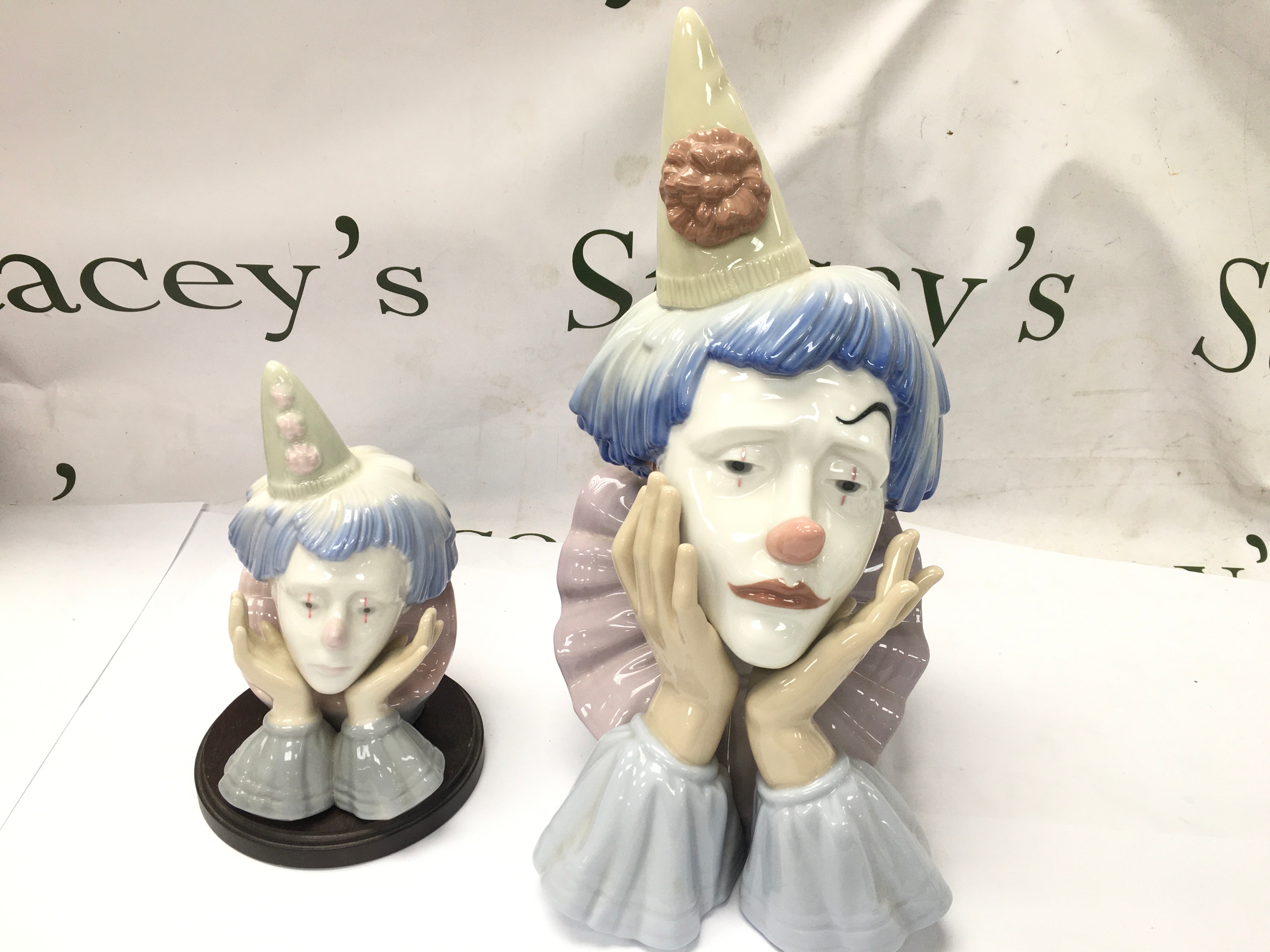 Lladró "Jester" Sad Clown Bust (Model #5129), designed by sculptor José Puche and released around 1982 Along with one other clown bust.