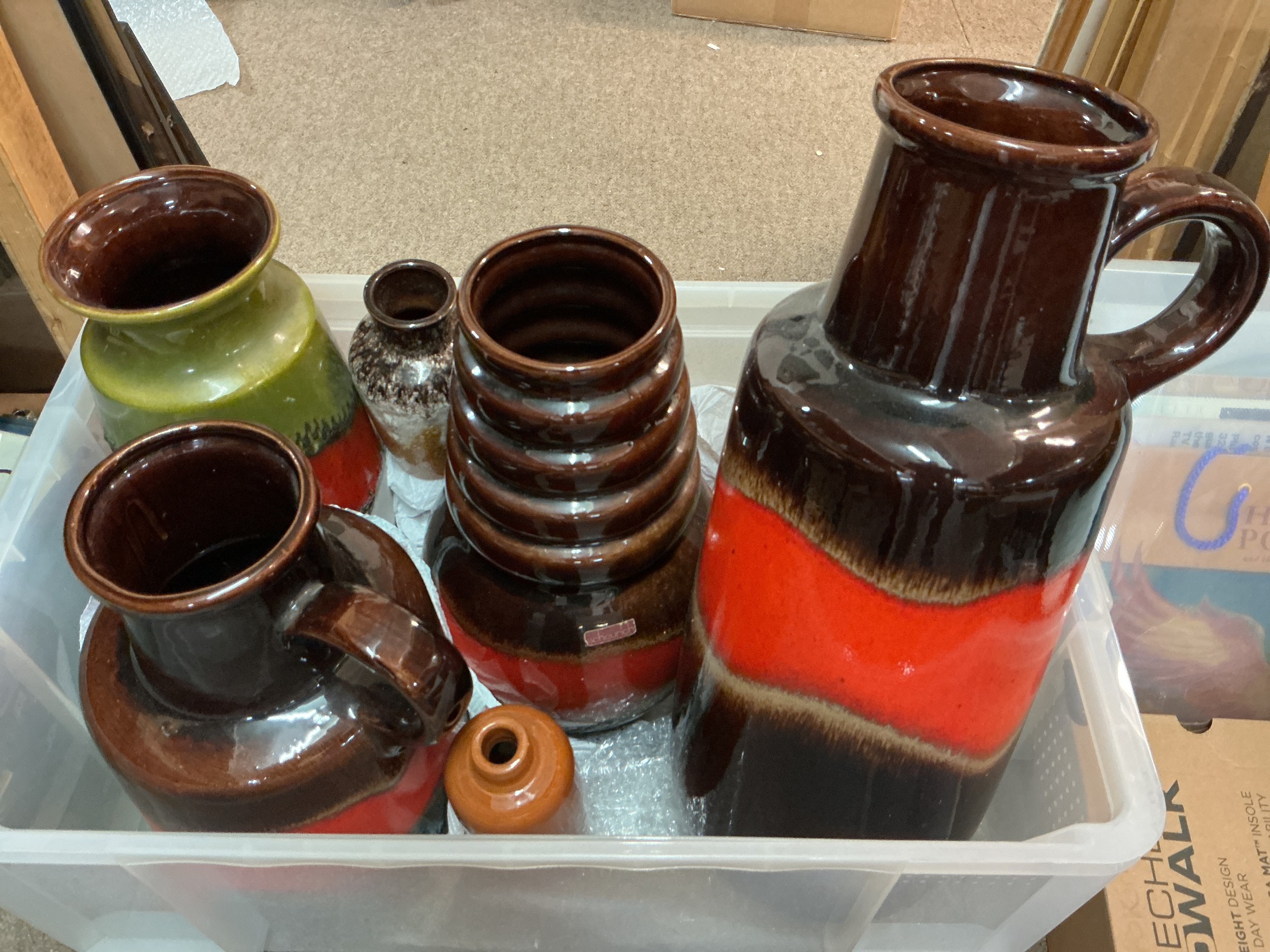 A box of West German pottery vases, tallest approx 49cm.
