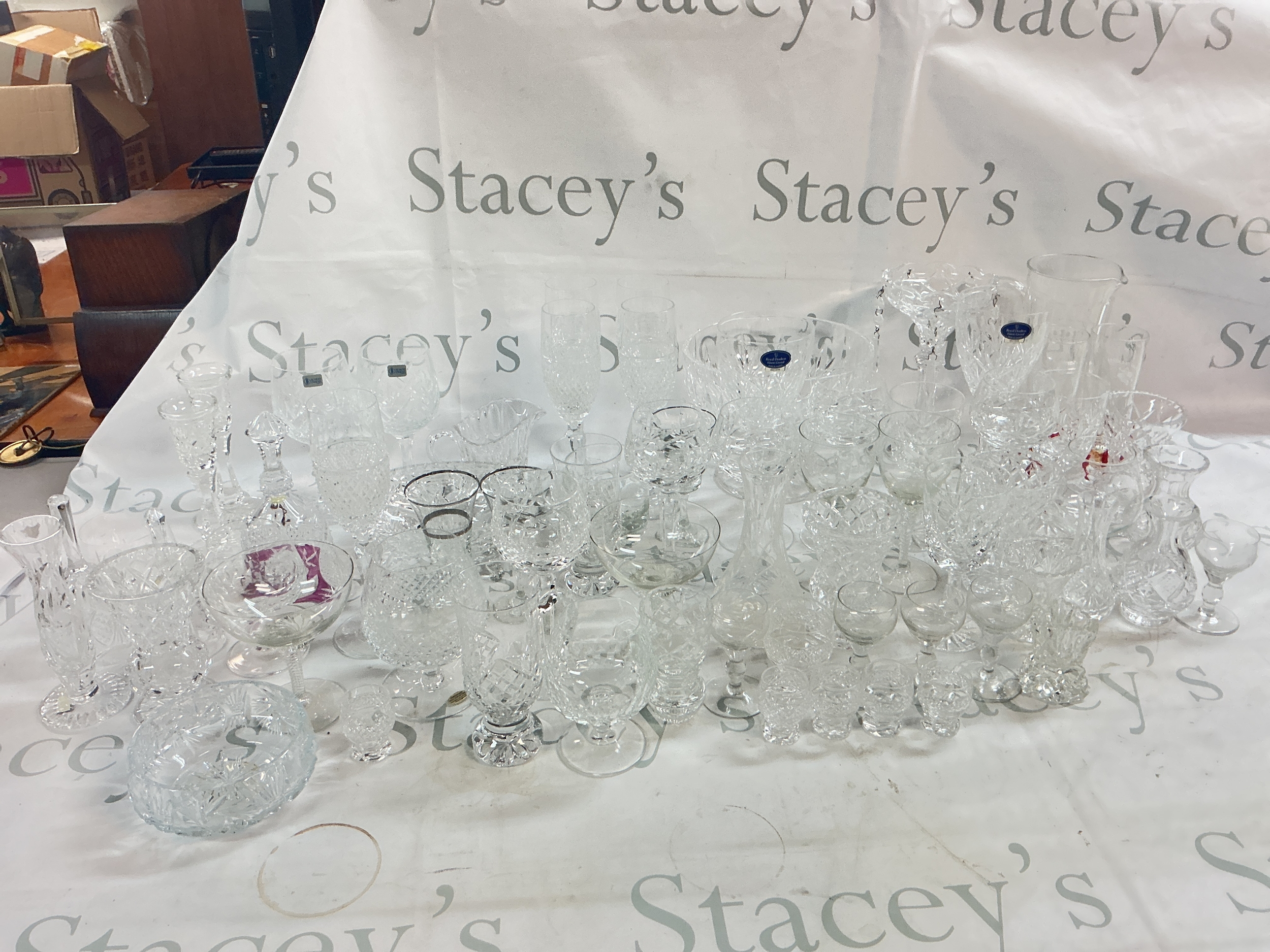 A collection of cut glass including Royal Doulton, Schott Zwiesel etc. Bowls, drinking glasses, vases etc