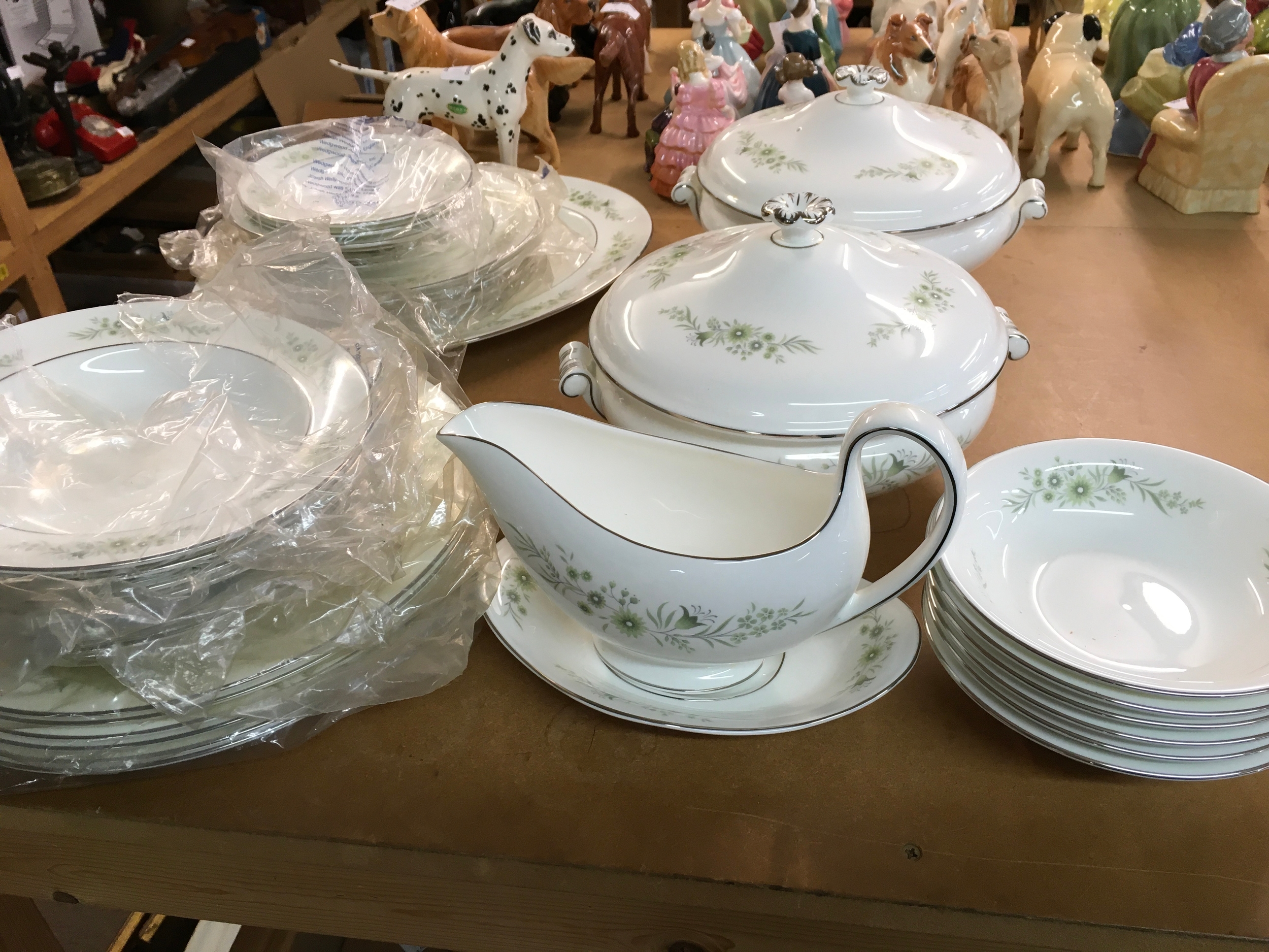 Wedgwood Westbury (pattern R4410) bone china dinner service. green and grey floral motif some items still bagged.