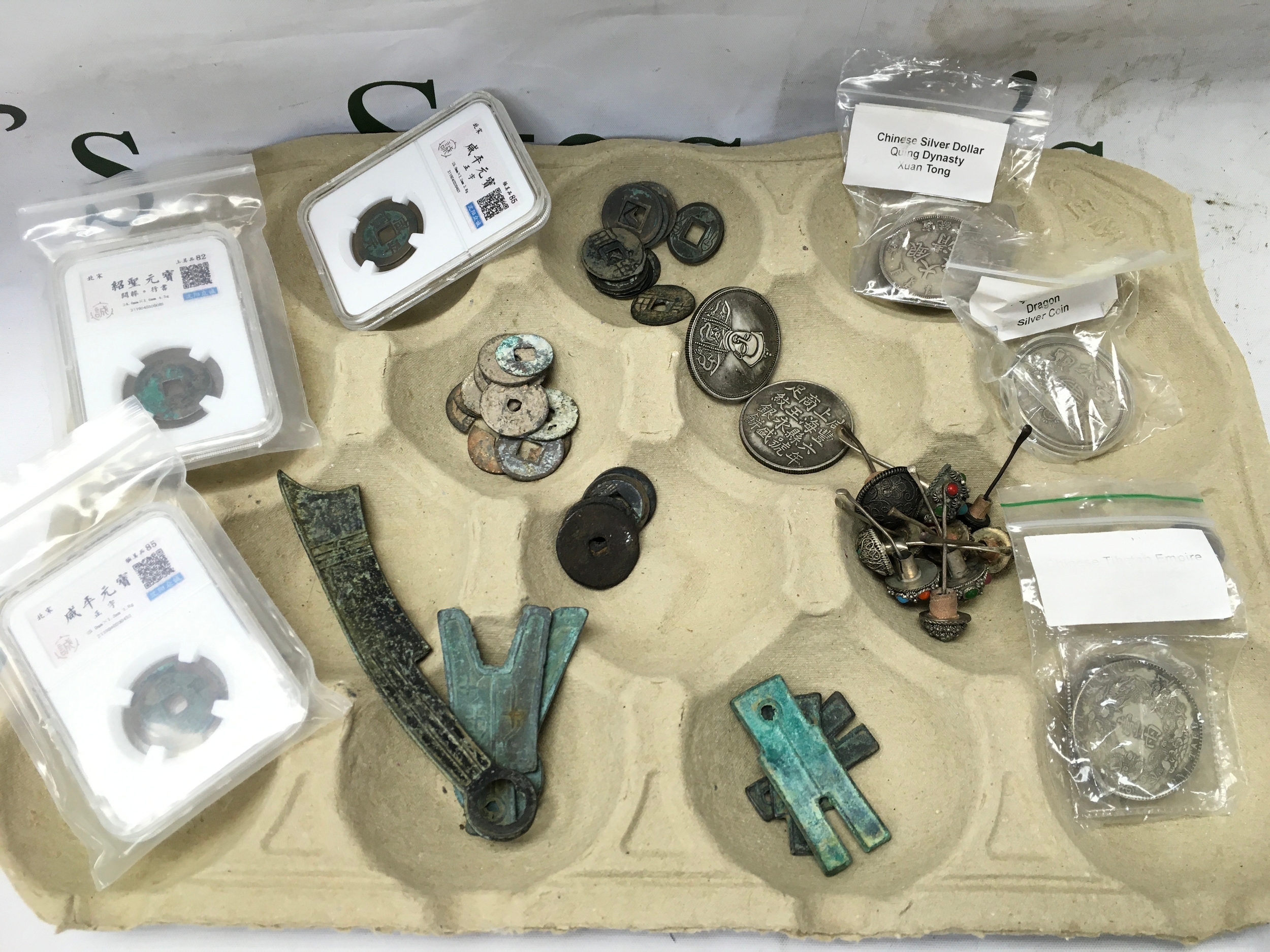 Lot of 40 Chinese Coins, from Song up to Republic Periods, and 10 Chinese Snuff Bottle Stoppers. 