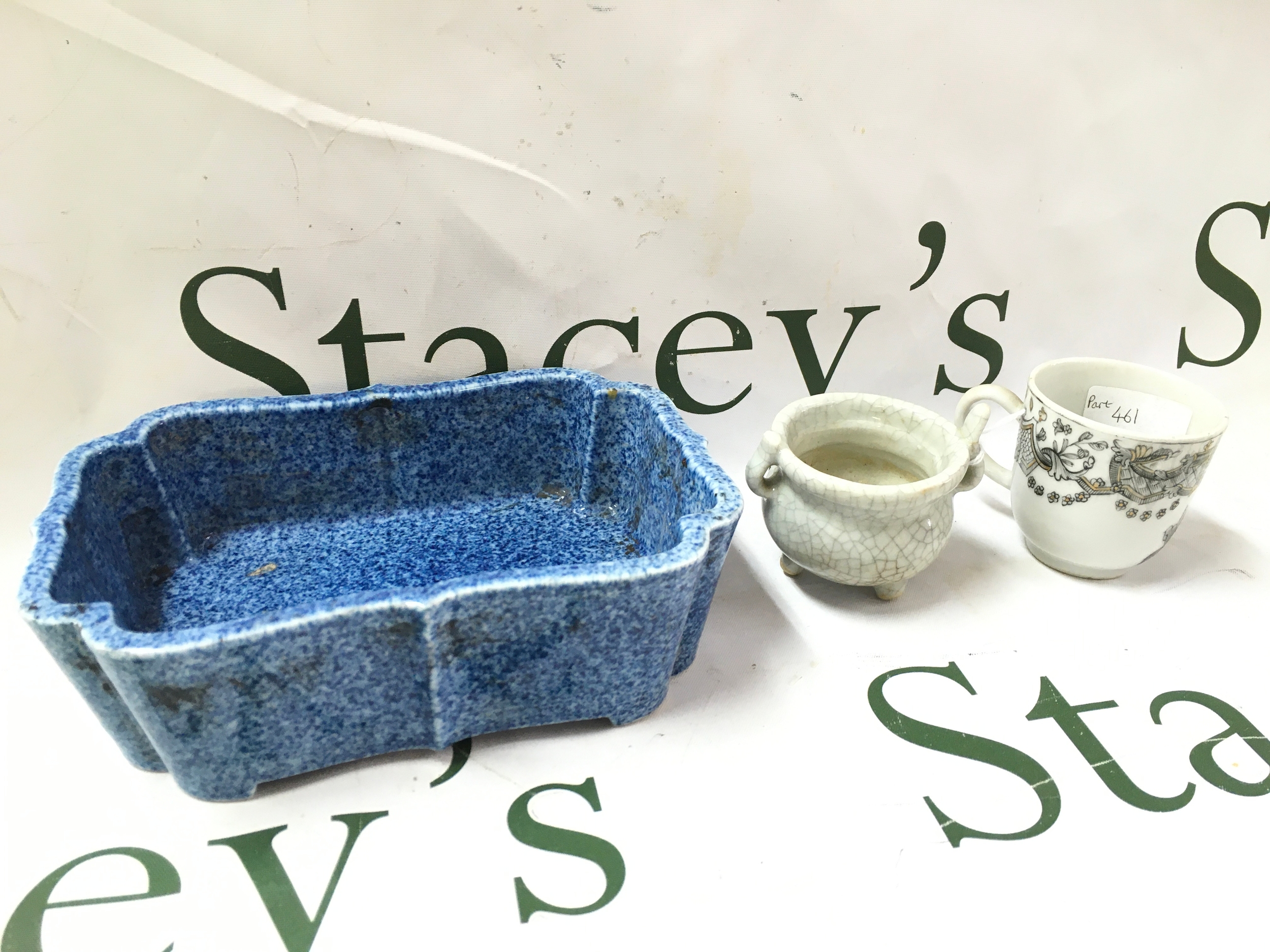 Chinese Bonsai pot, crackle glaze tripod censer, tea cup