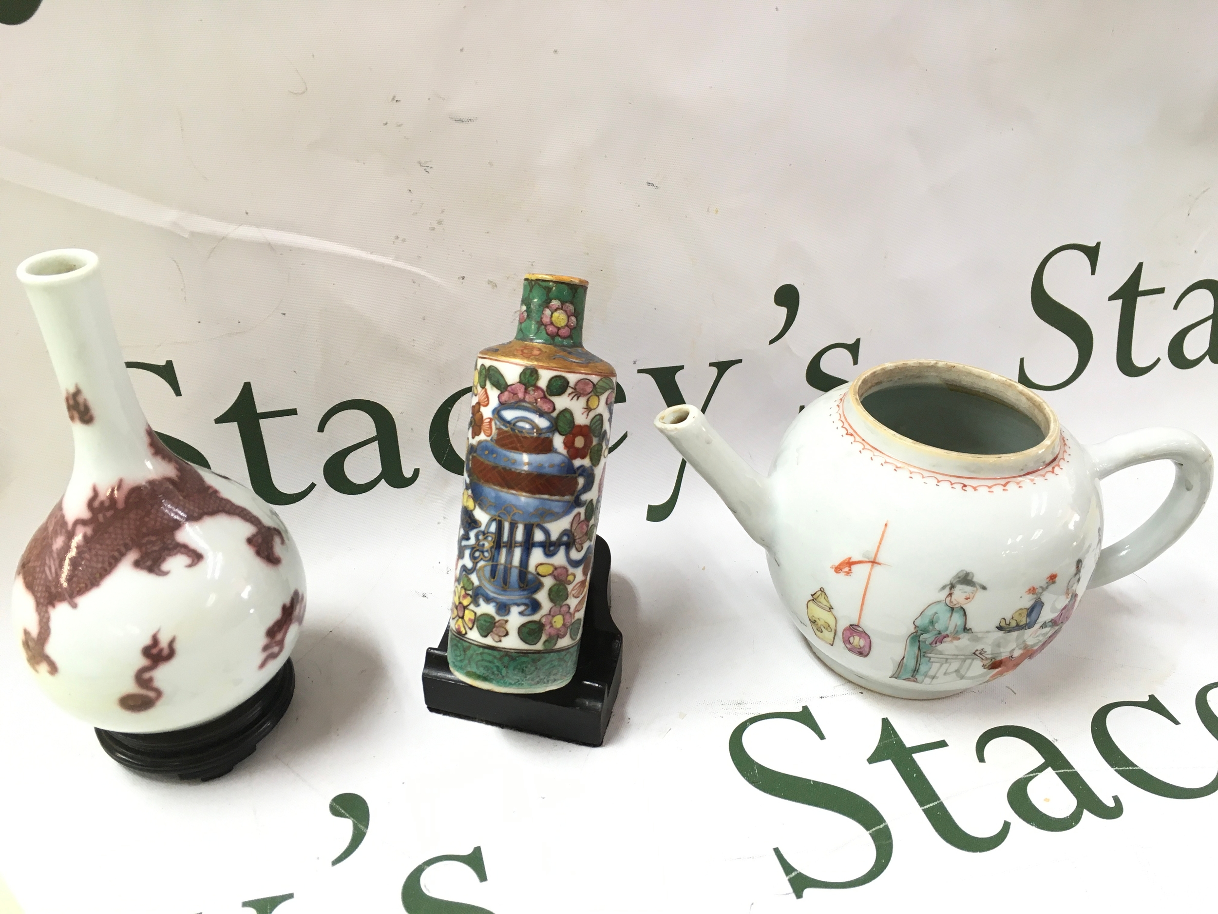 Chinese vases iron-red dragon design, cloisonné style vase and a famille rose tea pot 