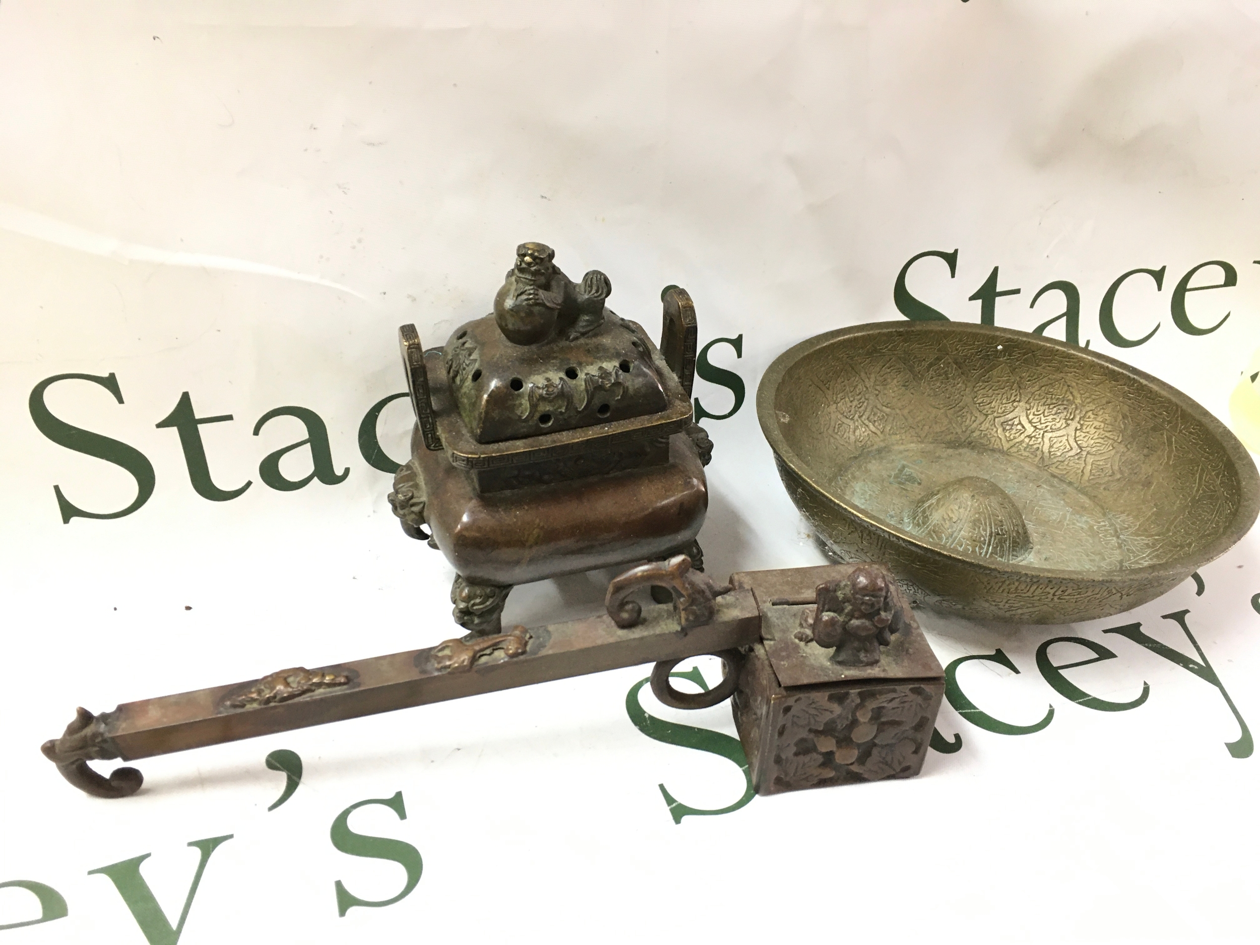 Chinese bronze bowl, incense burner, long-handled ink-and-brush holder