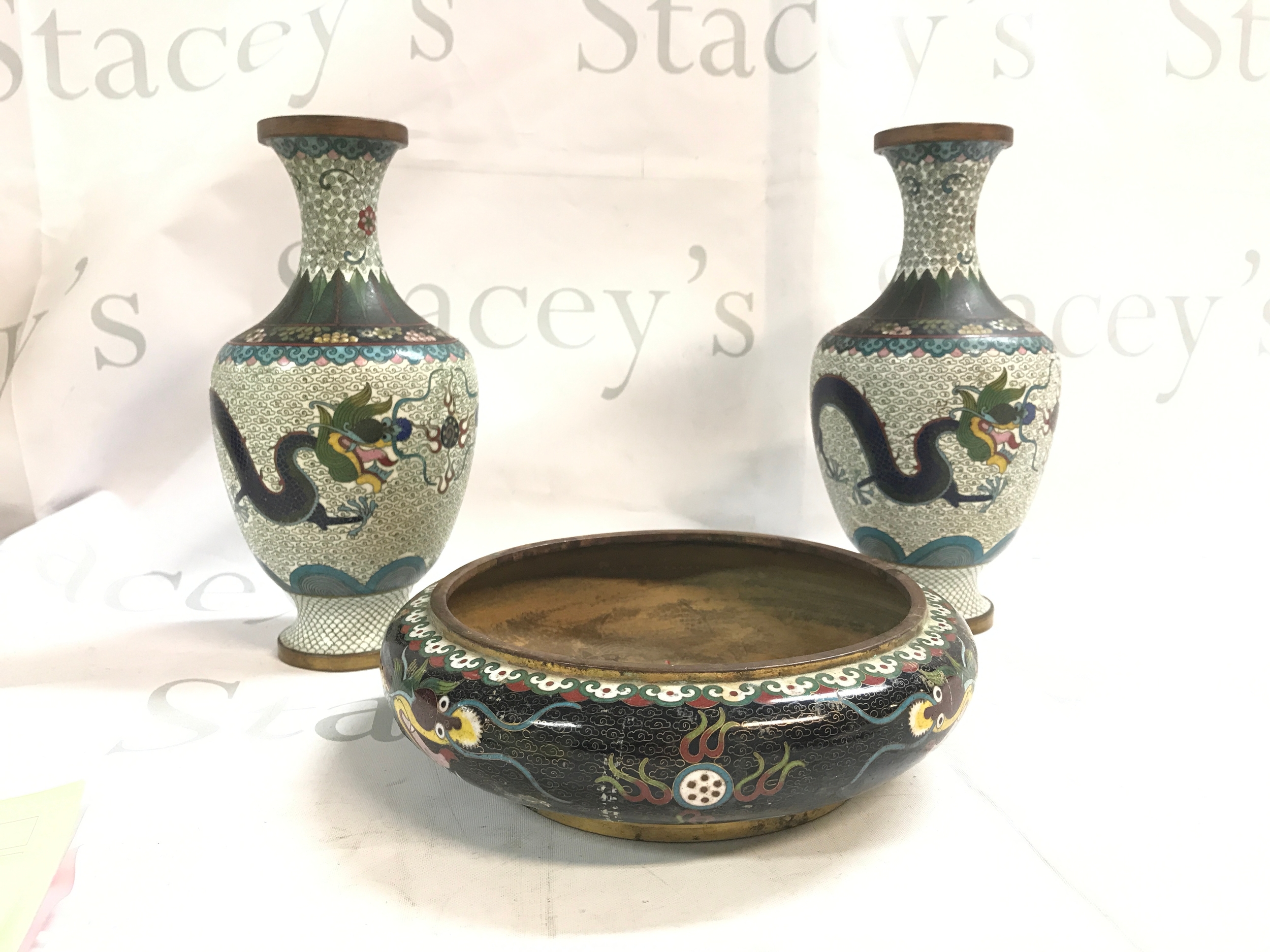 Chinese cloisonné vase 24cm tall and a bowl 20cm wide