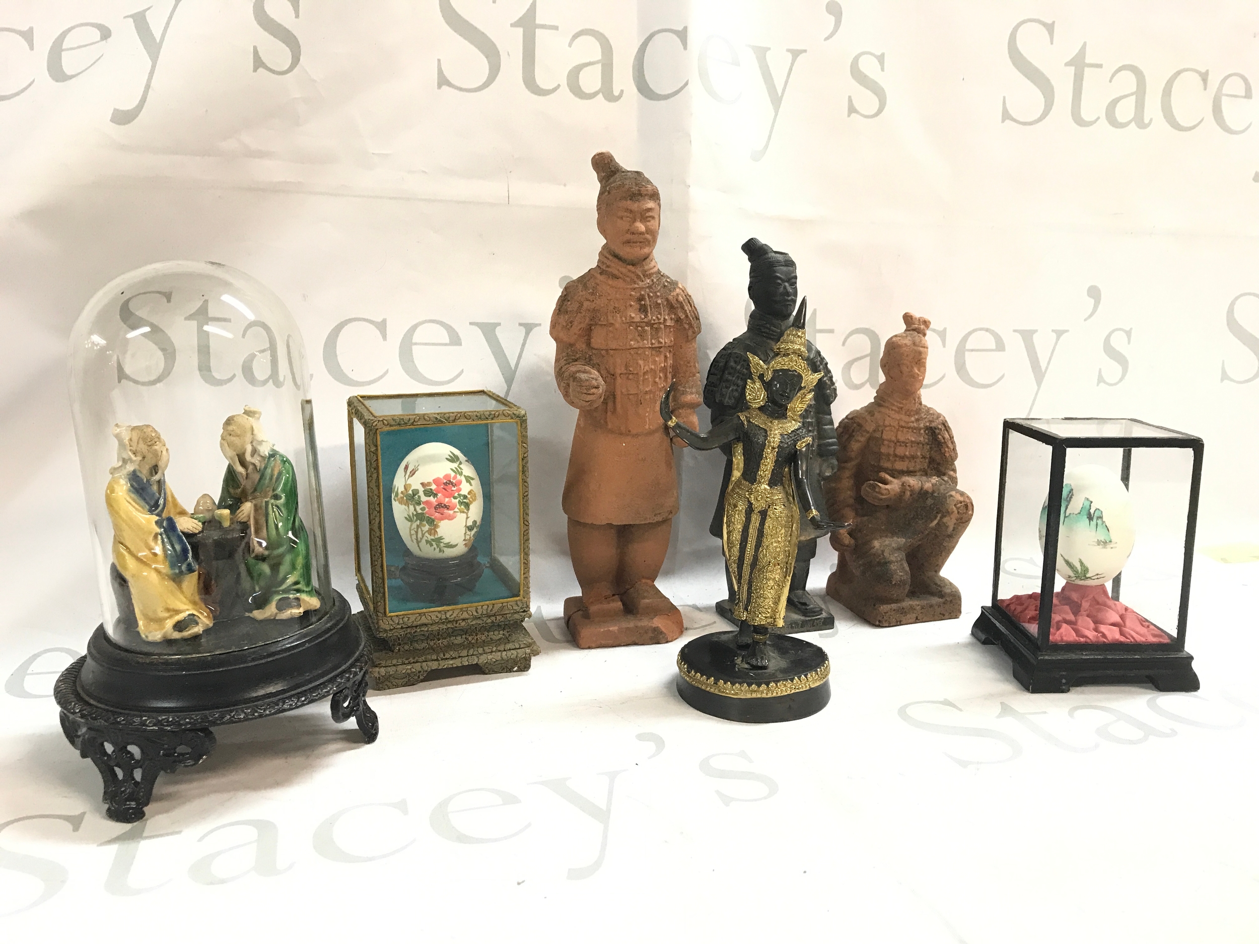 Chinese figures, glass encased painting eggs 