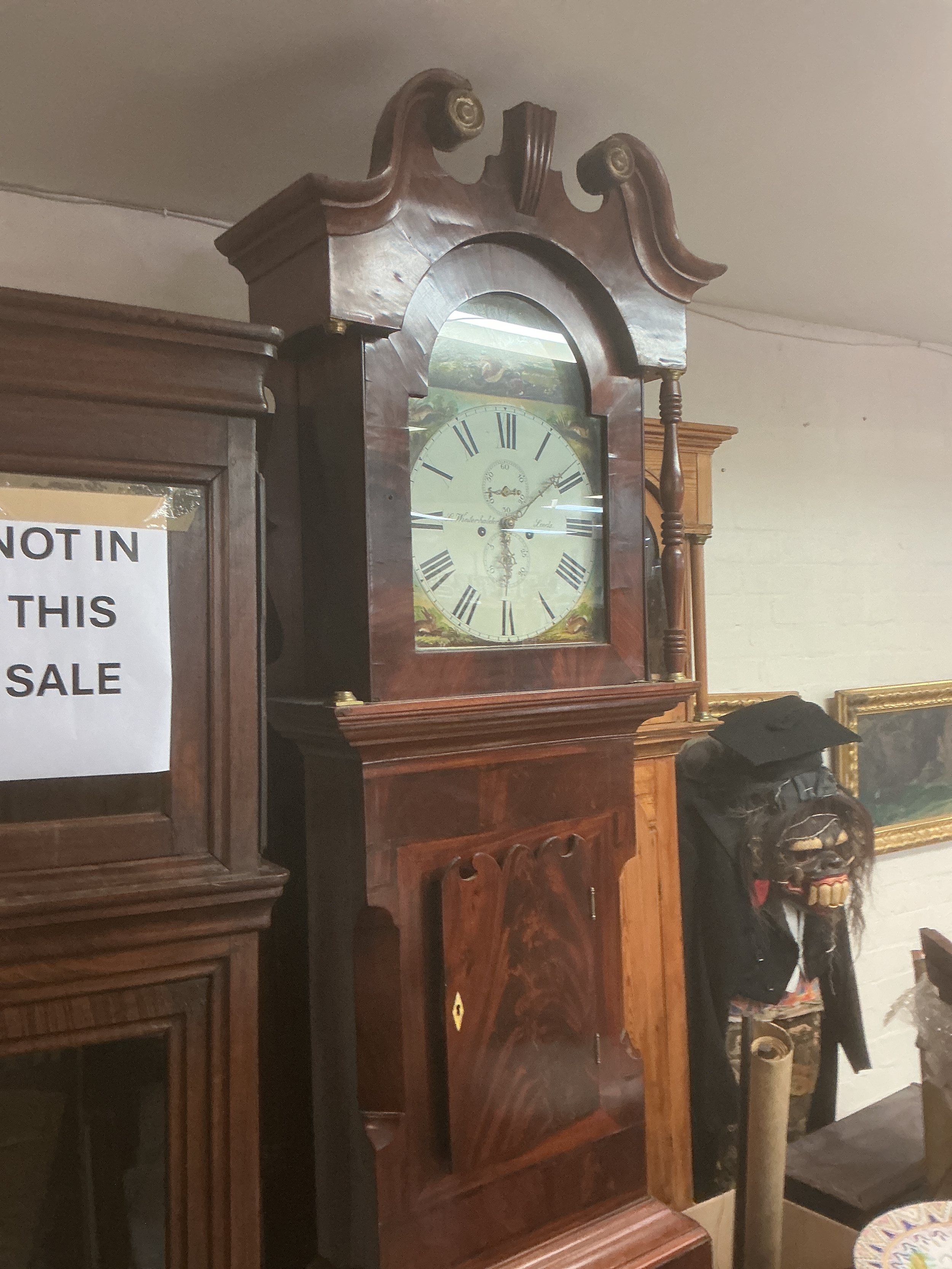 19th century early Victorian mahogany long case clock painting 8 day. Hunter design J.Winterhalder Leeds. 240cm tall approximately