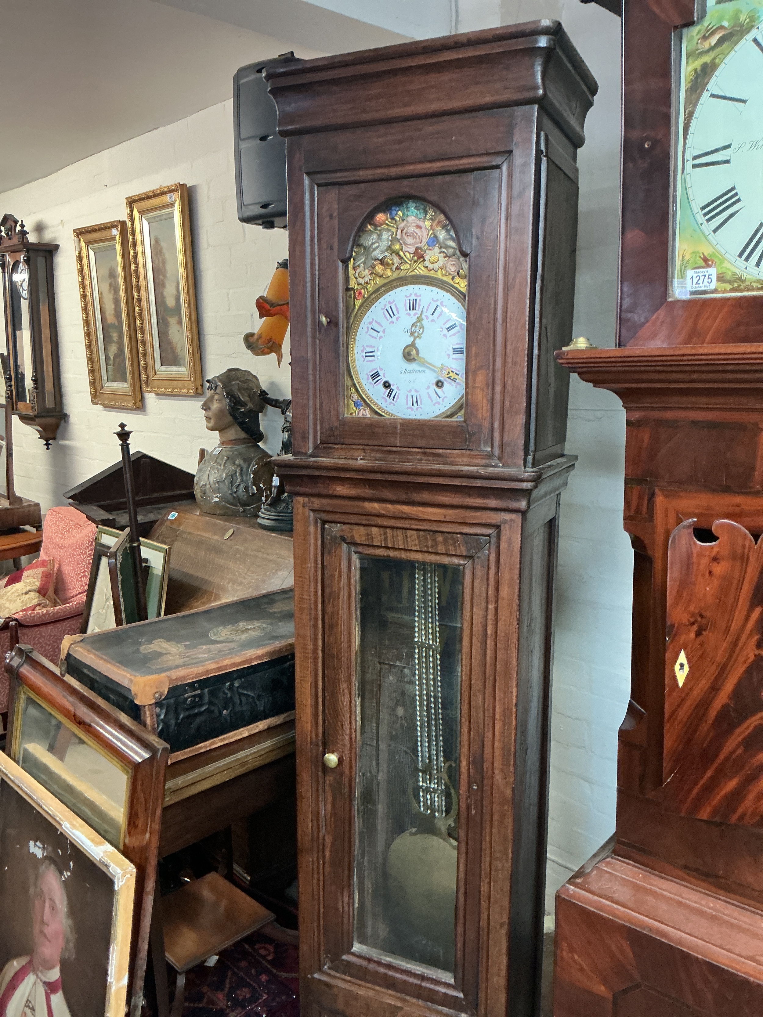 French Comtoise longcase clock with a floral hood pediment, Grisez ARostrenen 195cm Tall 