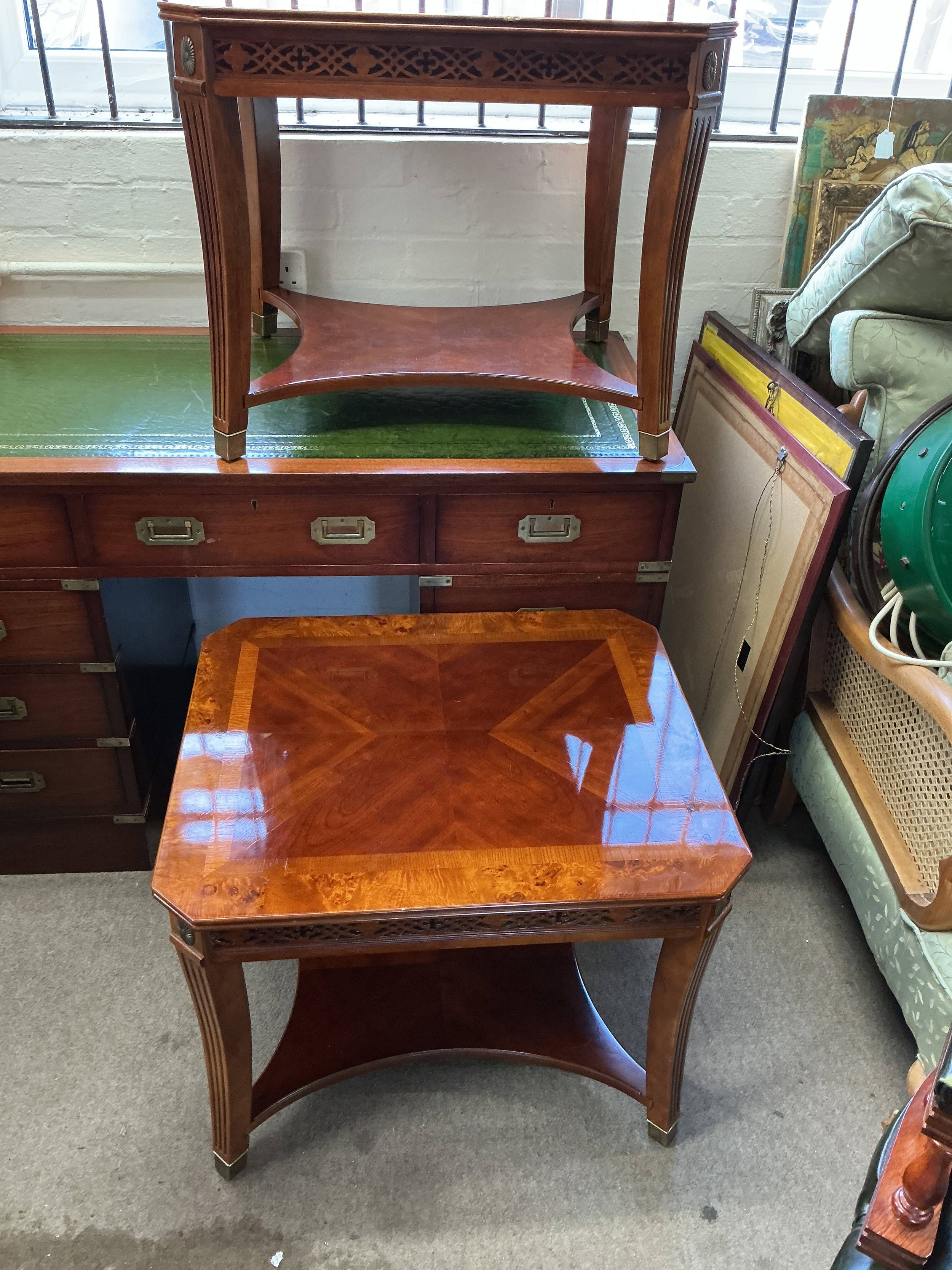 A pair of coffee tables with quarter veneered tops, approx height 53.5cm.