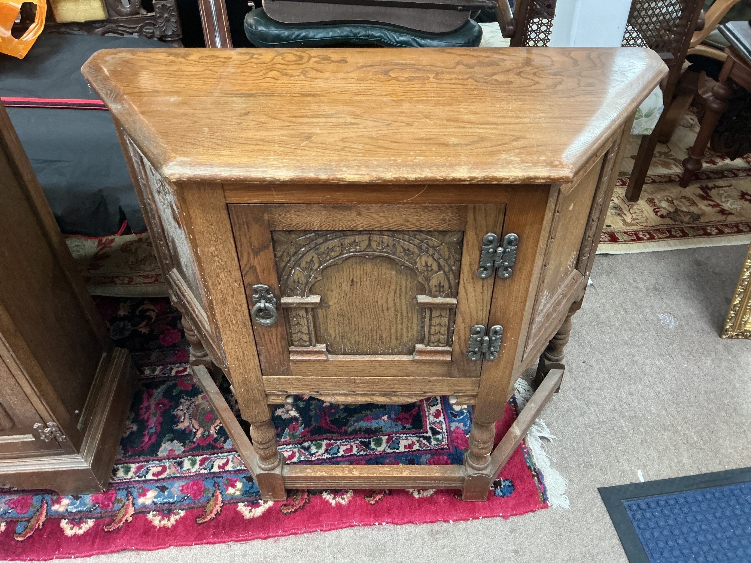Oak Old Charm Canted Table with Cupboard. 80cm wide, 70cm tall 