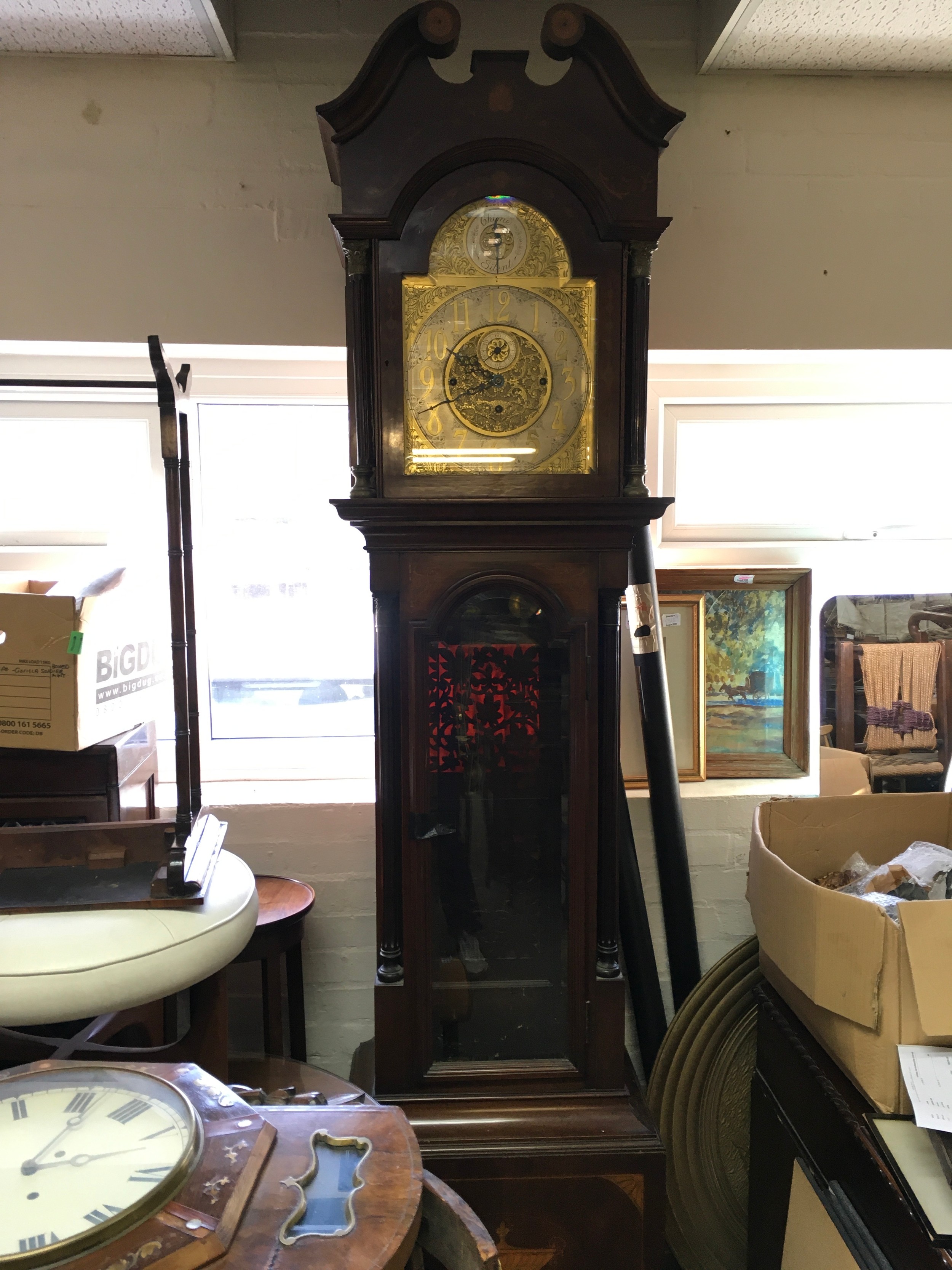 A large Edwardian inlaid mahogany long case clock, having engraved metal dial. Approx: W57 x D36cm, over 7foot high. Offered for restoration, two weights only