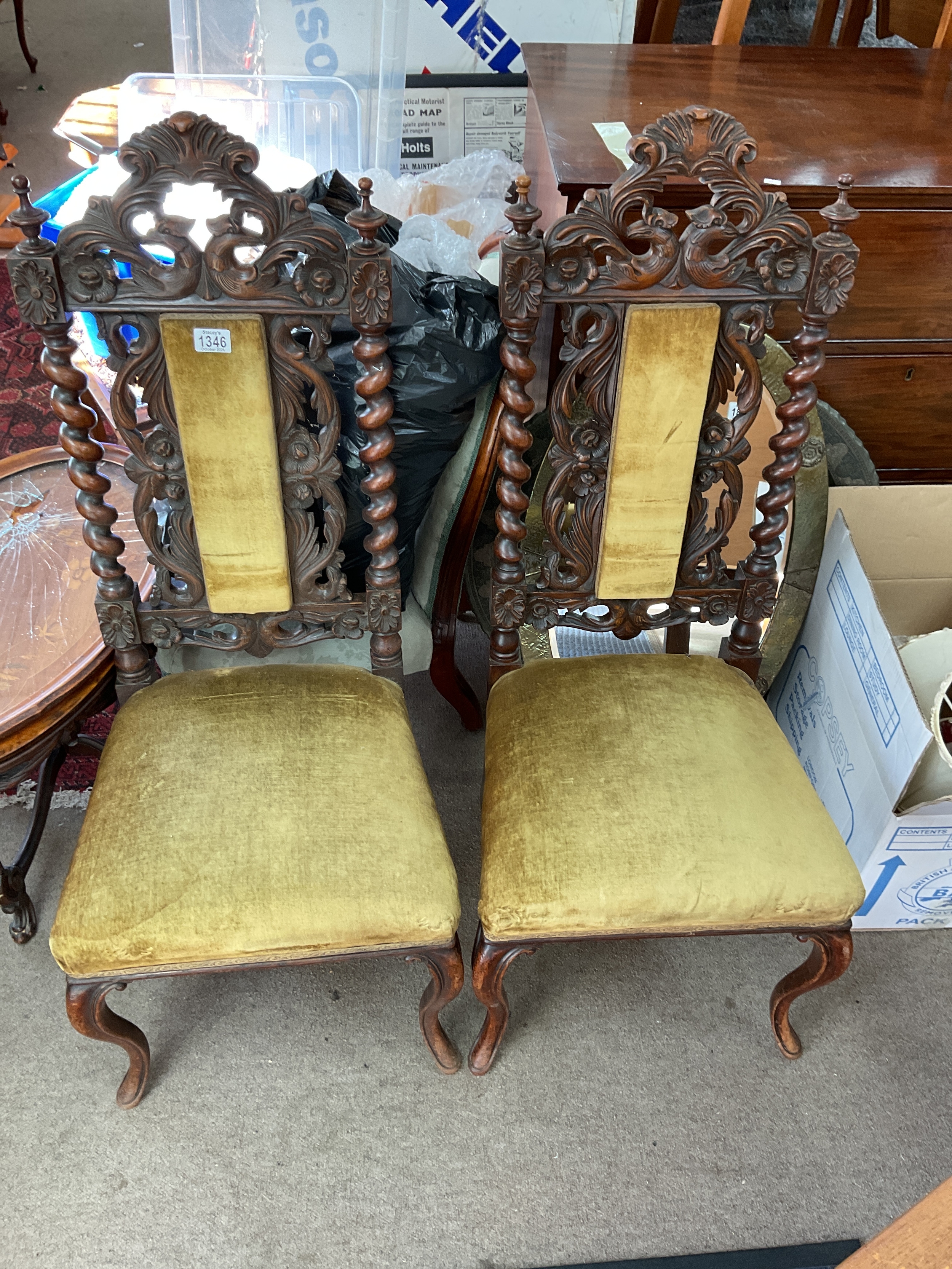 Pair upholstered Jacobean style chairs.