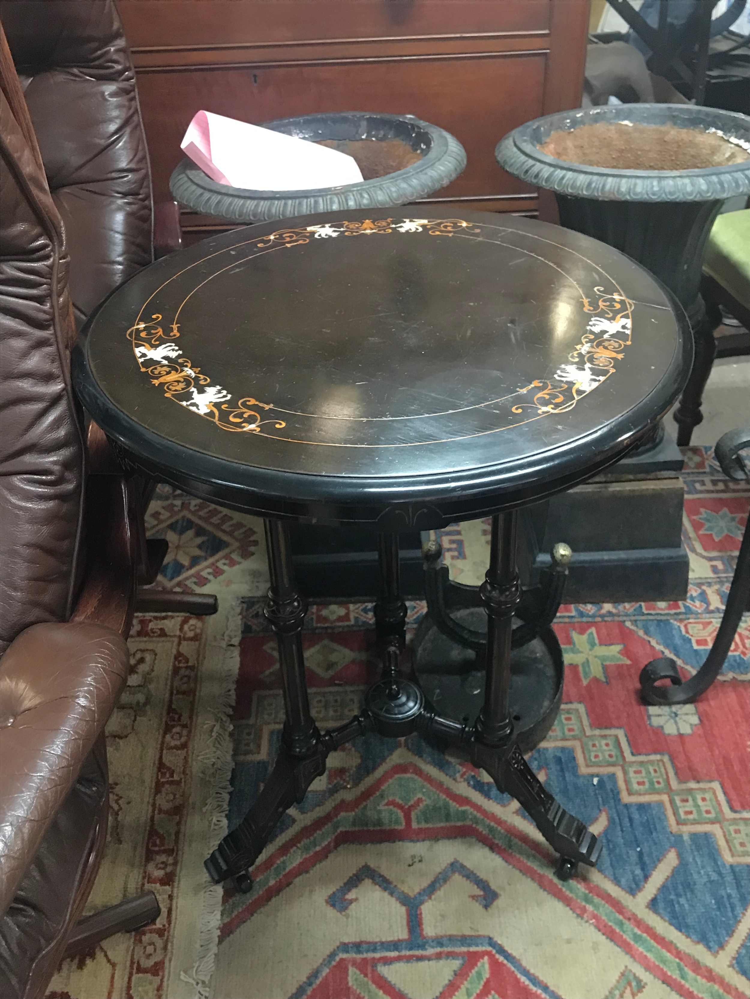 Three coffee tables- three-tier round wooden tray tables with raised rims,  black lacquer inlaid design occasional table