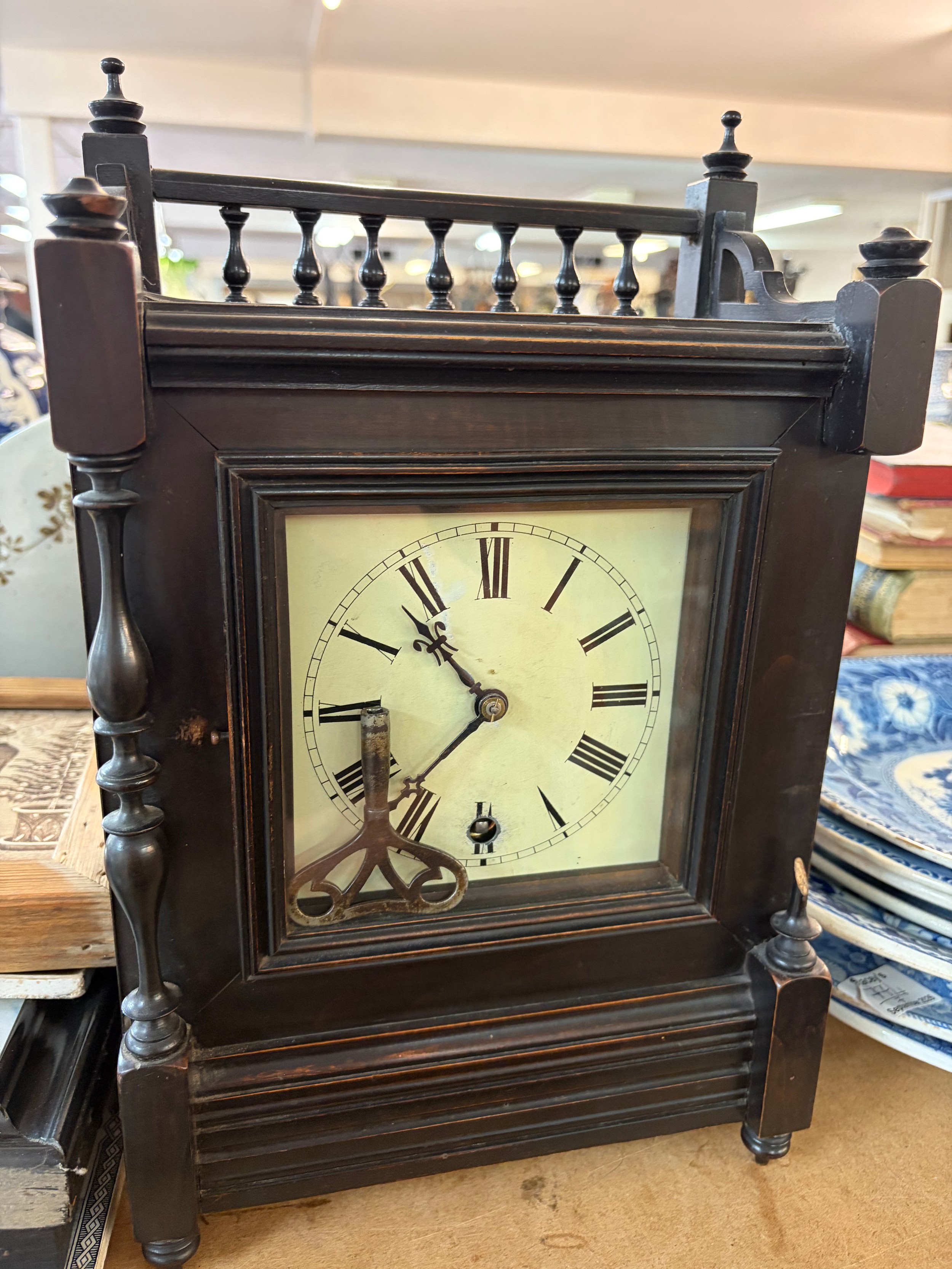 Five ebonized Victorian and later mantel clocks including one with an enamel dial maker W Benson (5)