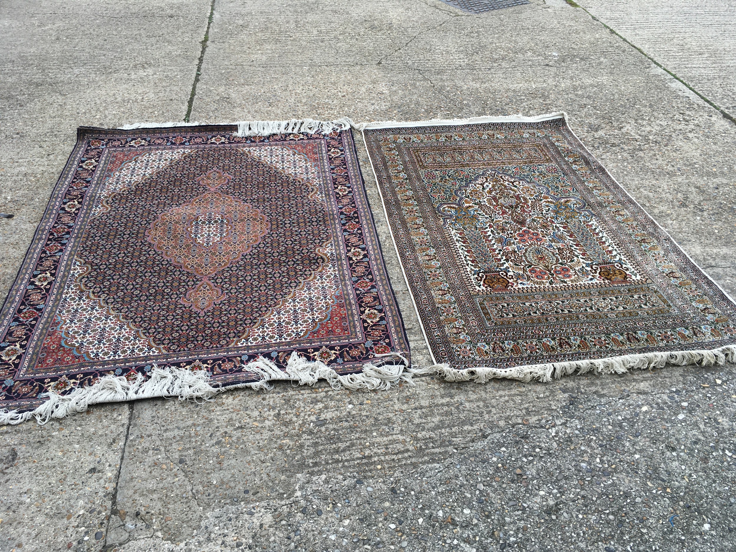 Two Arabic rugs, one wool weave 2m x 1.5m , one wool/ silk prayer rug 2m x 1.25m