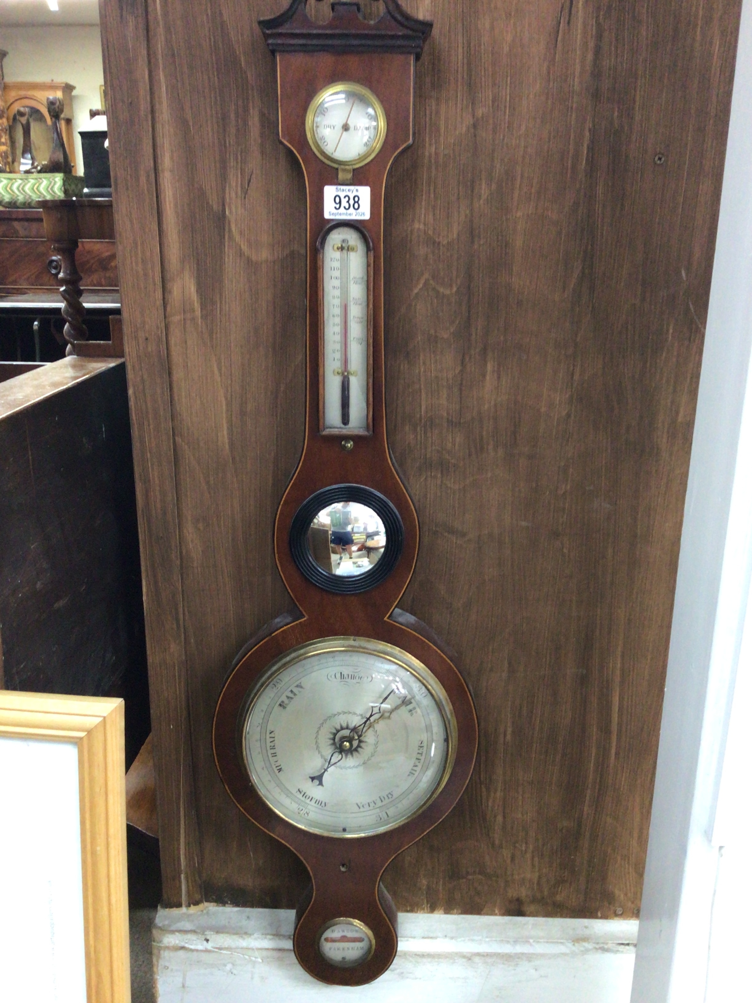 A late George III banjo barometer with silvered dial mercury tubed complete maker Dawson Fakenham NO RESERVE