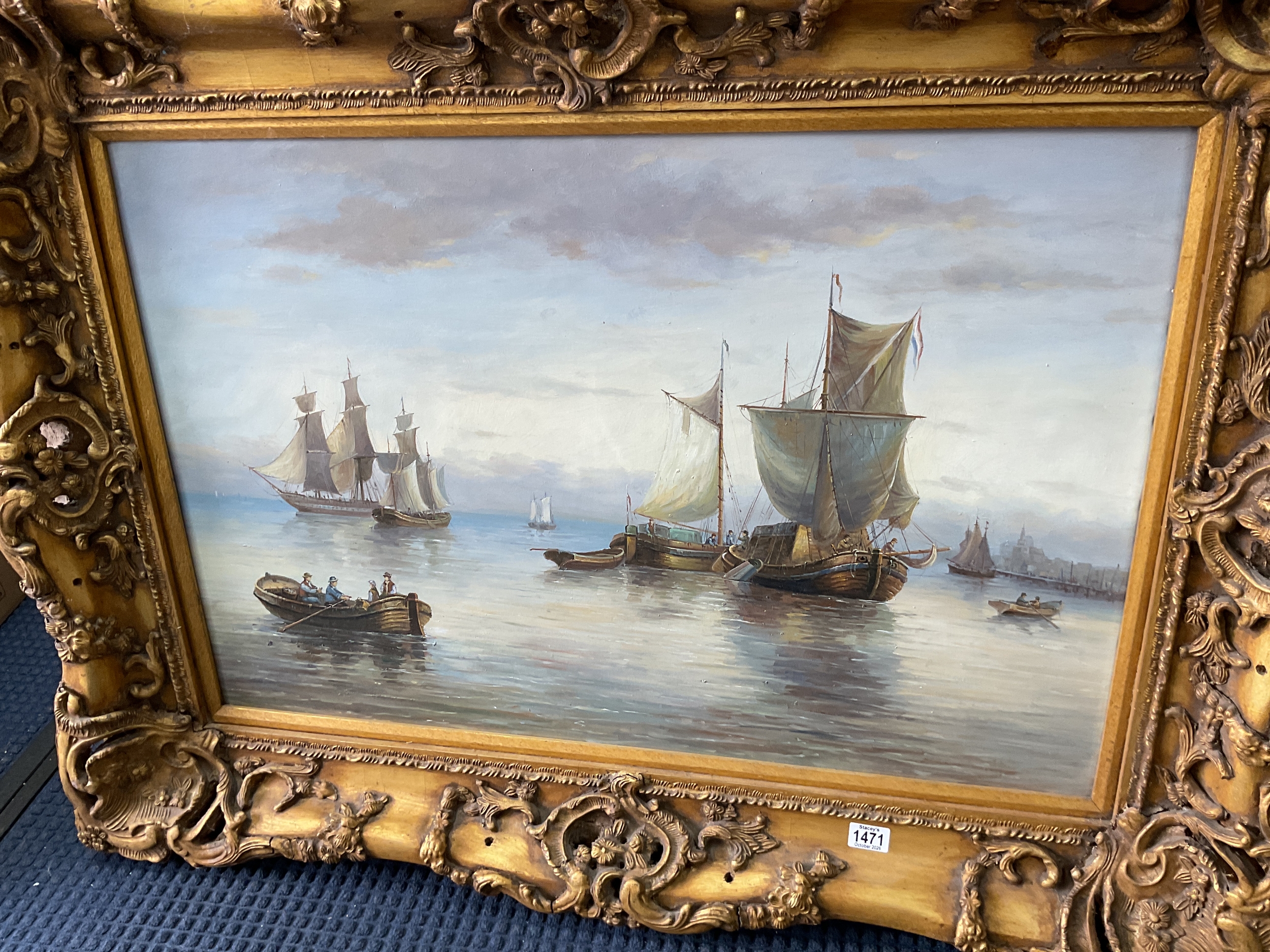 Large gilt framed oil on canvas of shipping scene. 92cm x 122cm.