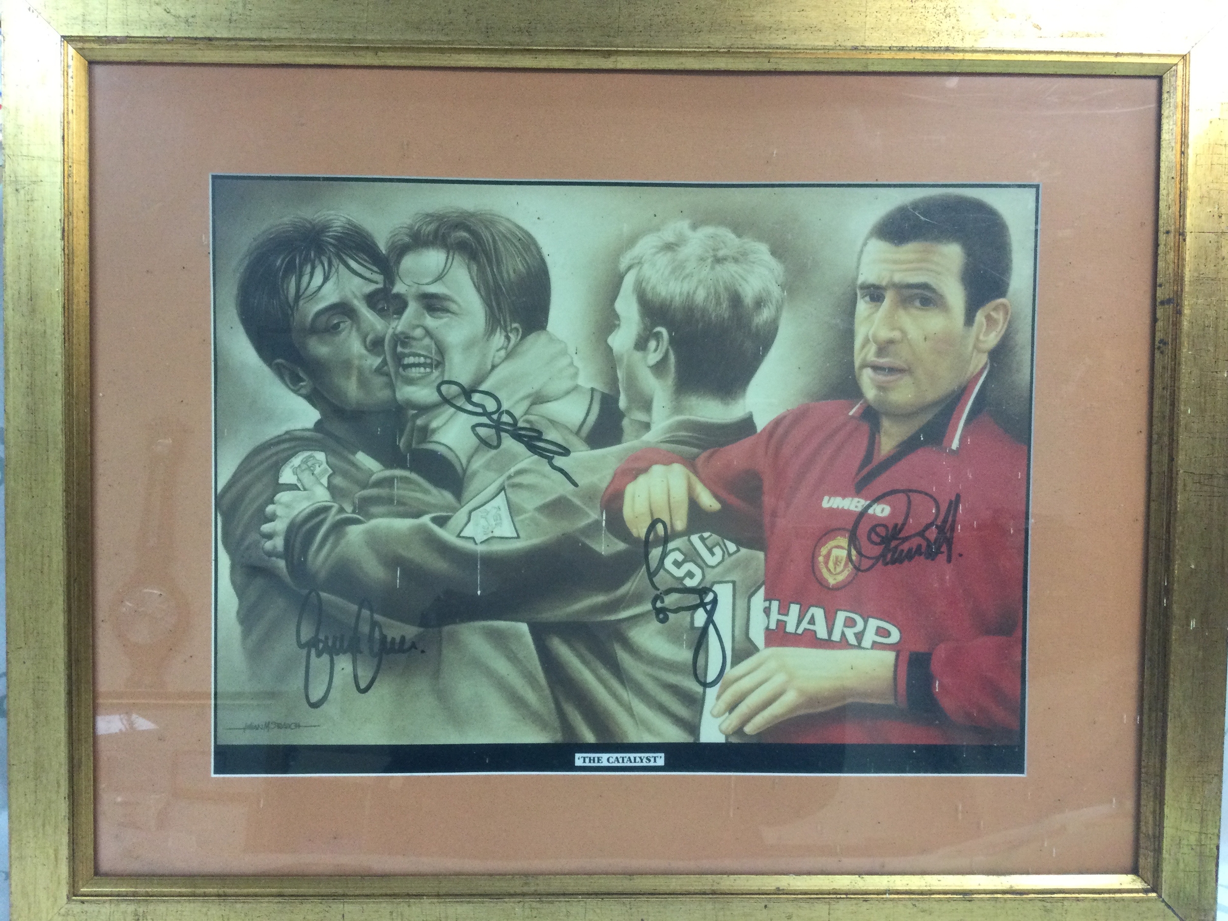 "The Catalyst" Manchester United players signed Beckett/ Strauch football autograph with certificate on back. Frame size 73x58cm