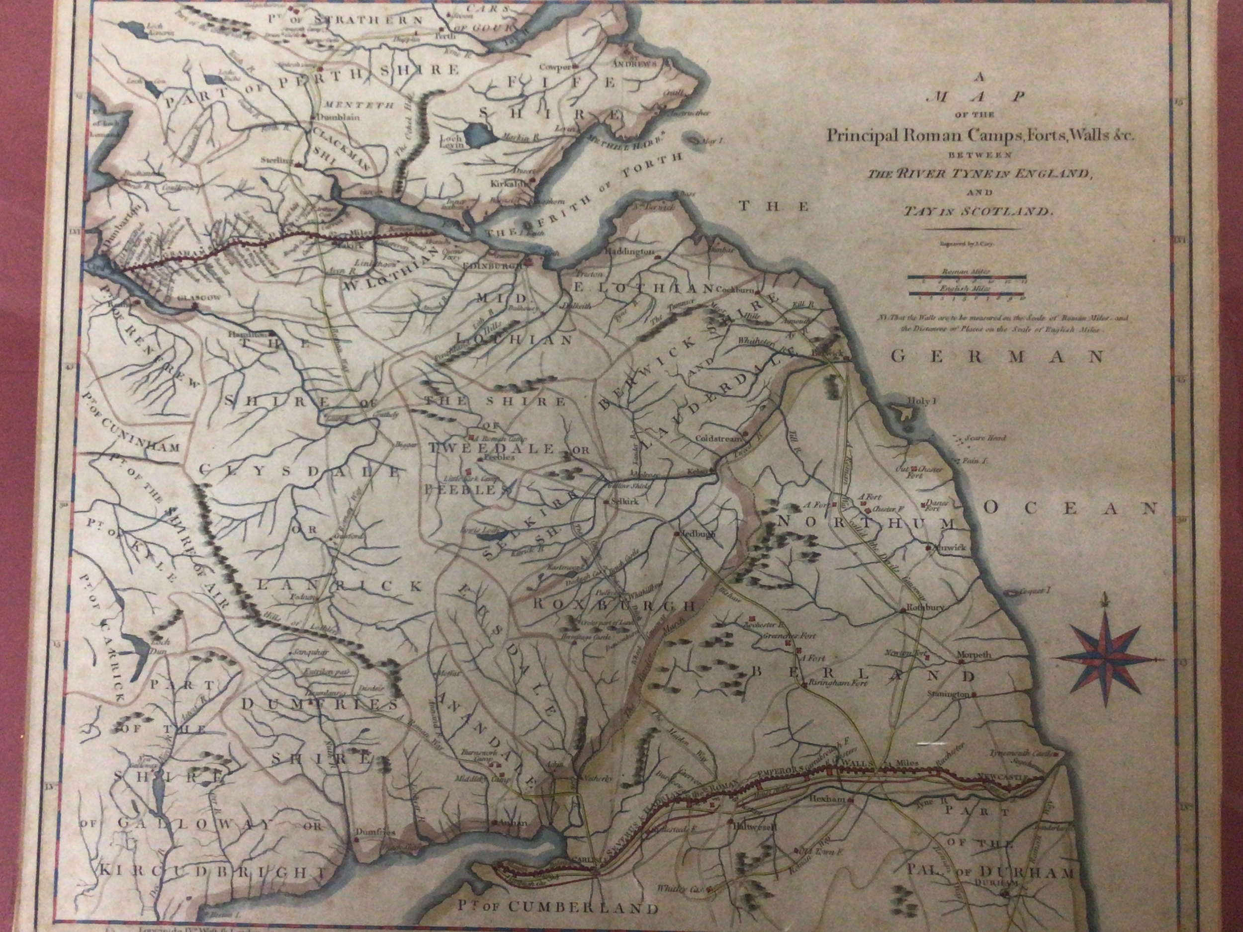 A Map of the Principal Roman Camps, Forts, Walls &c. Between the River Tyne in England, and Tay in Scotland," engraved by John Cary early 19th century 59x52cm. NO RESERVE