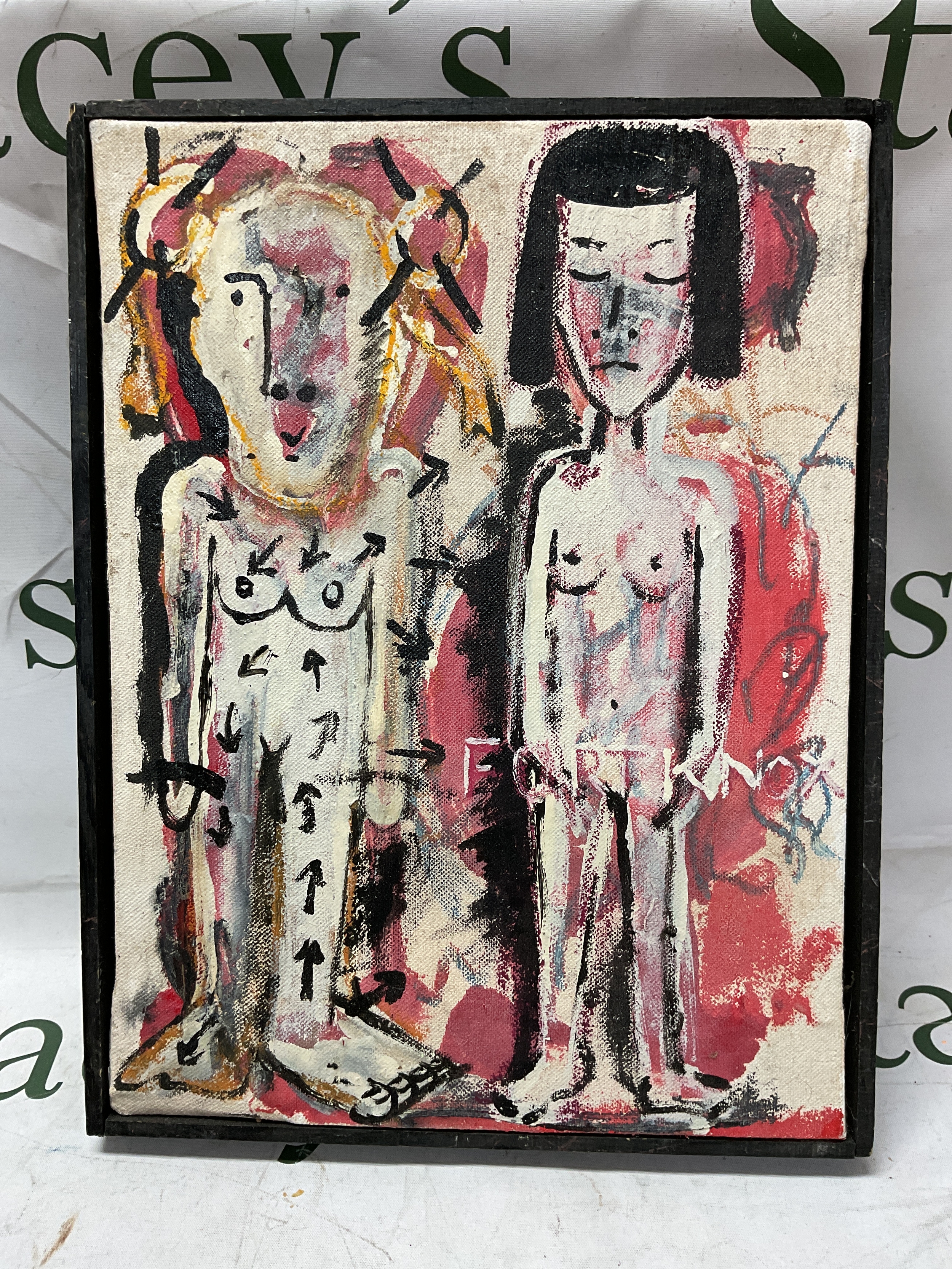 Joel S Dickens (1974-) "you're just a household object", oil, acrylic and spray paint on canvas, 26cm x 34.5cm.  NO RESERVE