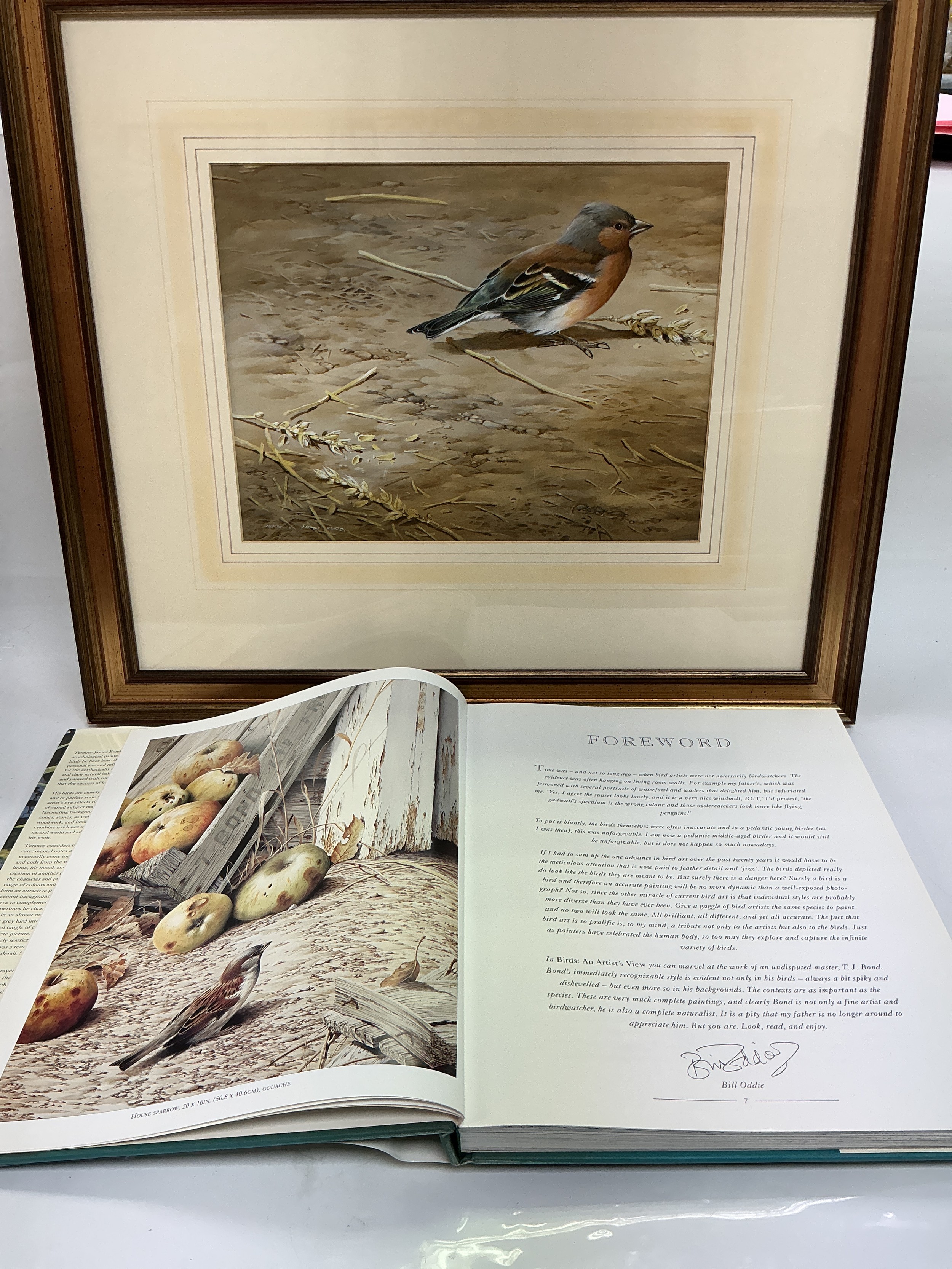 Terence James Bond (1946-2023). A framed and glazed gouache painting of a chaffinch, approx 53cm x 47cm plus a hardback book on the artist plus prints of works by other artists.