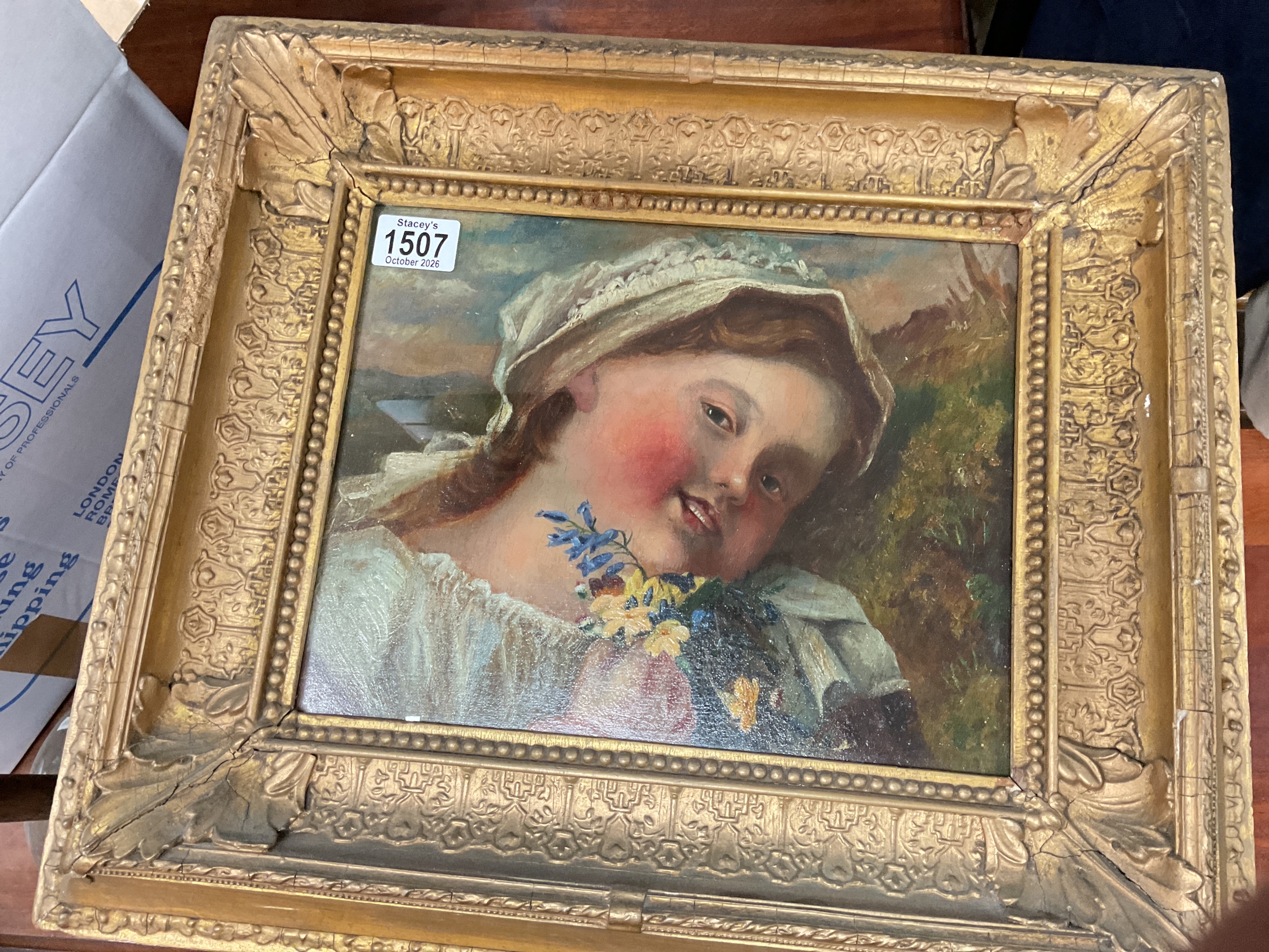 19th C oil on canvas of young girl with flowers, H23 cm x 29 cm.