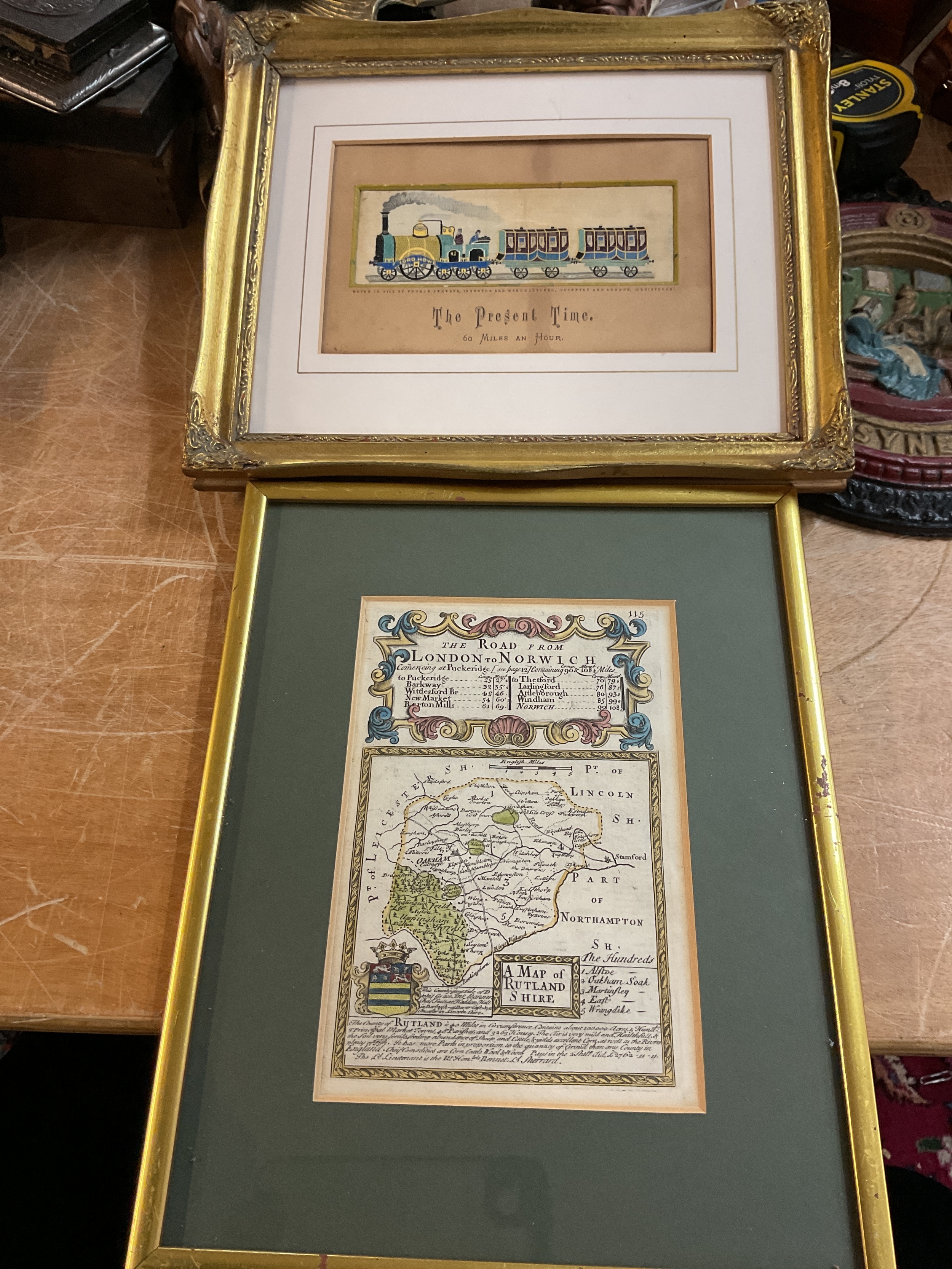 Framed Stevenograph of train along with framed map of The Road From London to Norwich, 