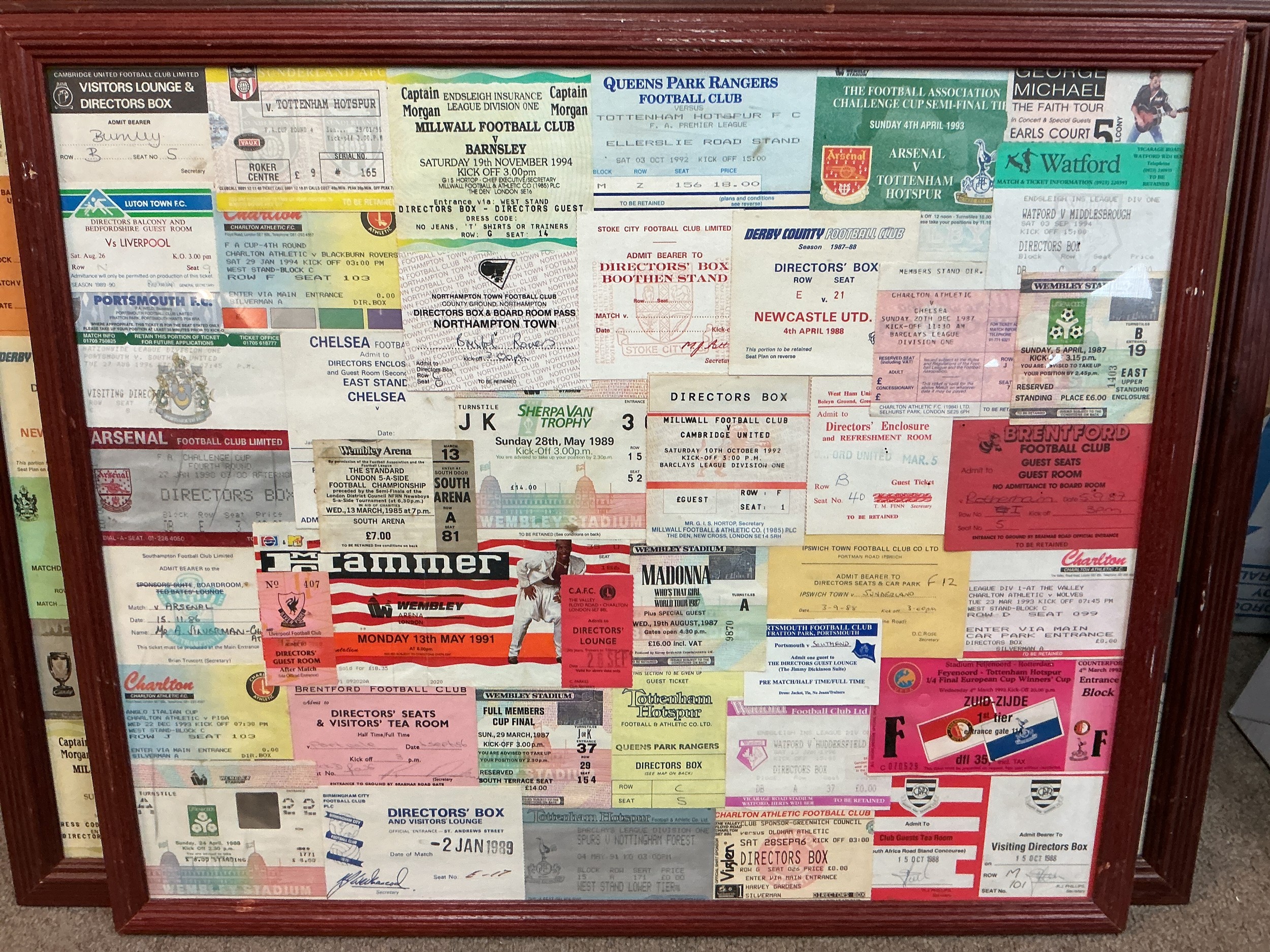 Two frames containing various tickets comprising mainly tickets for football matches.
