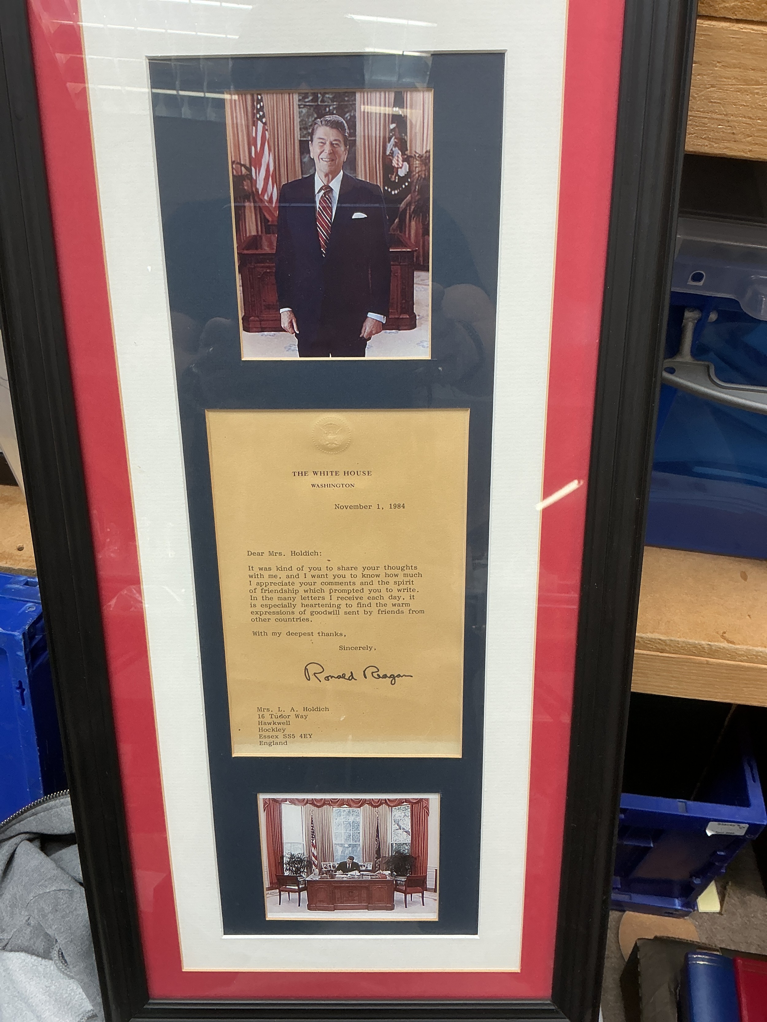A framed and glazed signed presentation display of Ronald Reagan.