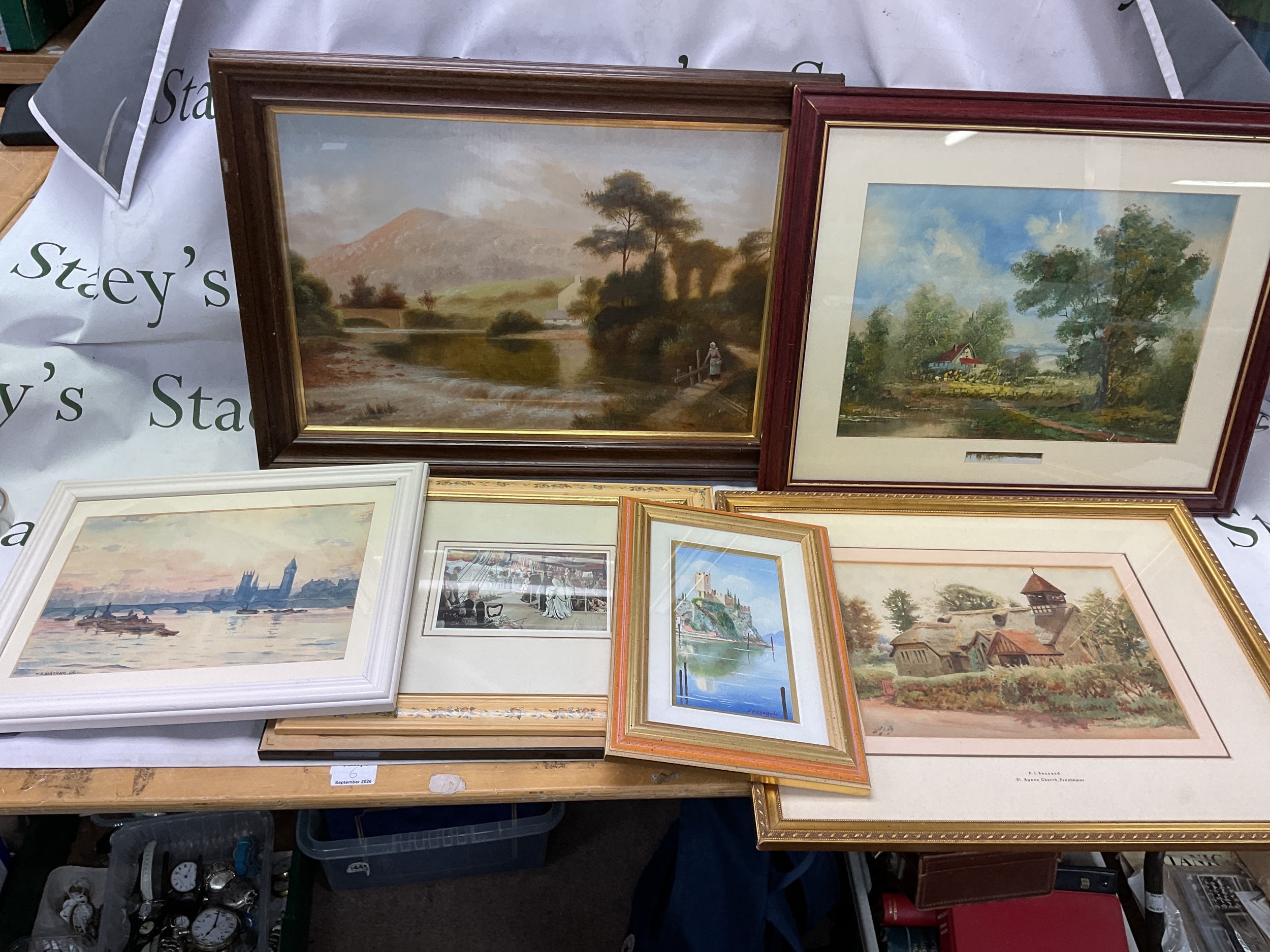Six framed and glazed mixed paintings