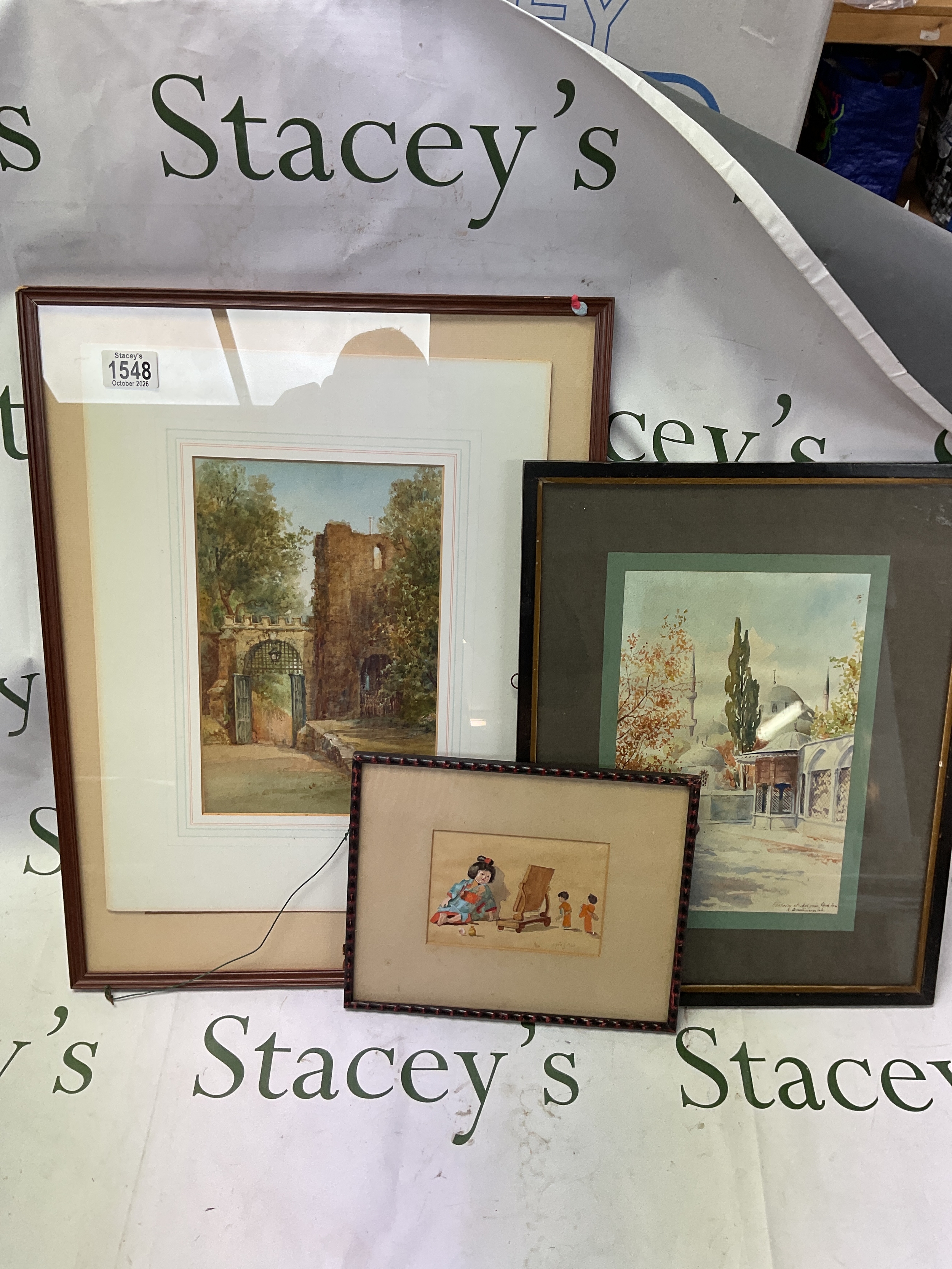 Three original paintings one of a Mosque by a Russian artist, a doll painting by !ydia J Price and a Bodmin castle watercolour used in an illustration 
