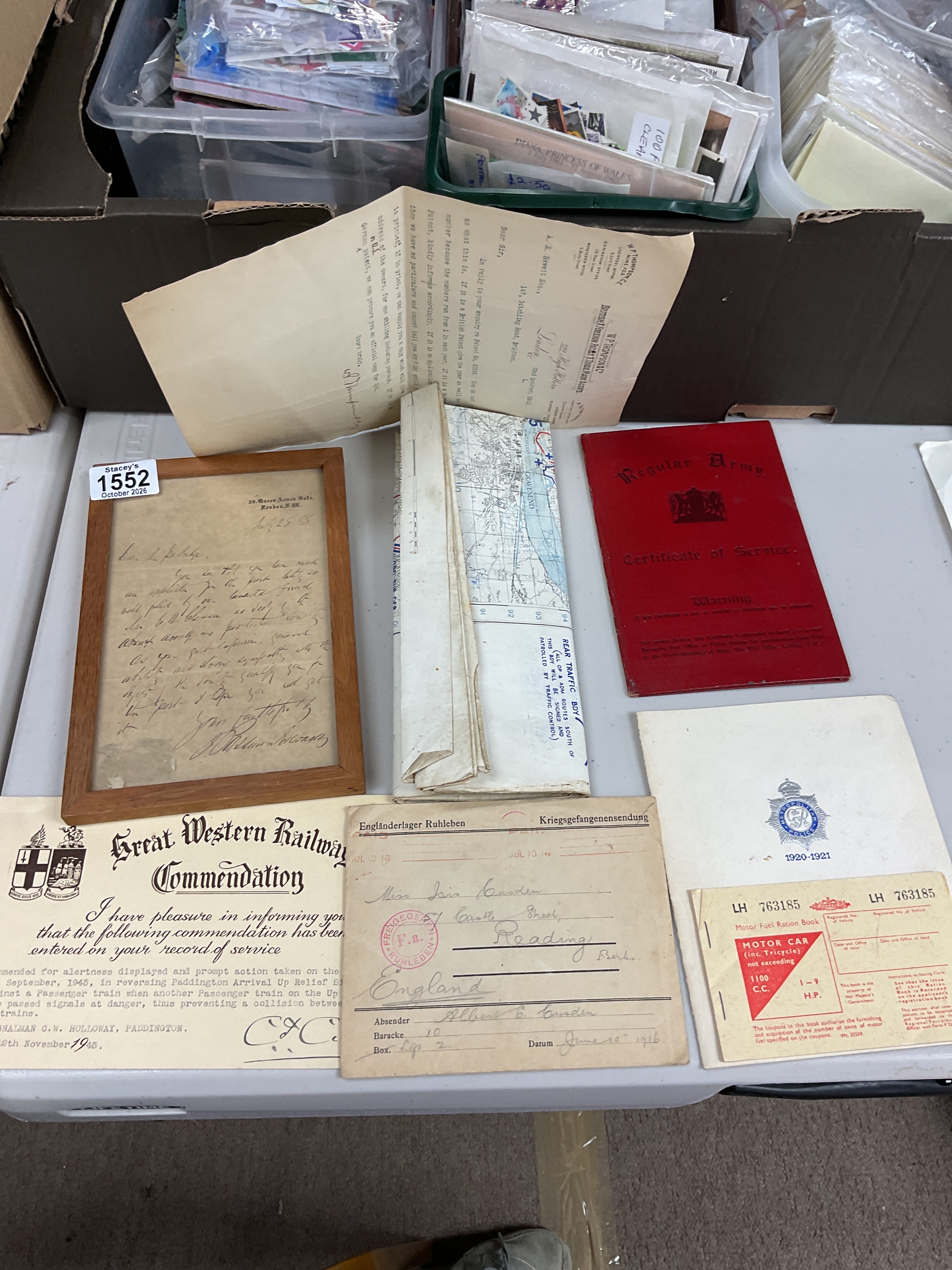 Nice ephemera. WWI Letter from Ruhleben German POW Camp, army paperwork, top secret WWII REME map of Essex 1944, 1920 GVR Xmas card for Met Police, and other items.