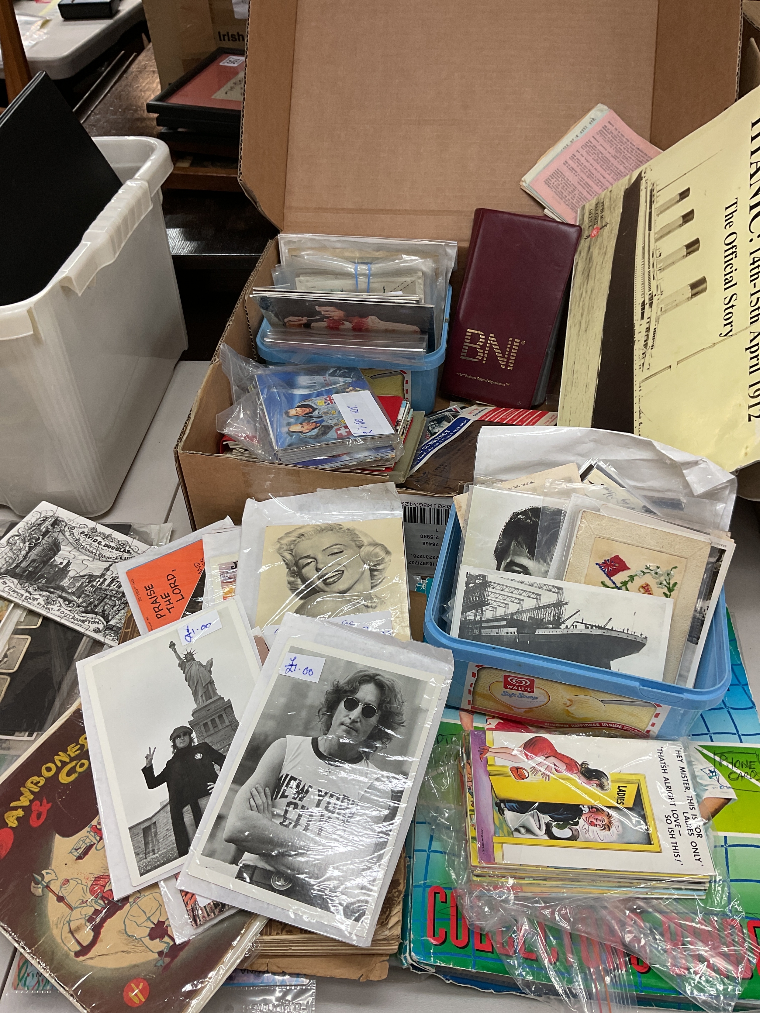 Qty postcards, titanic, military, elvis etc, phone cards, Titanic folder with facsimilies, pop icons, cigarette cards and silks etc.