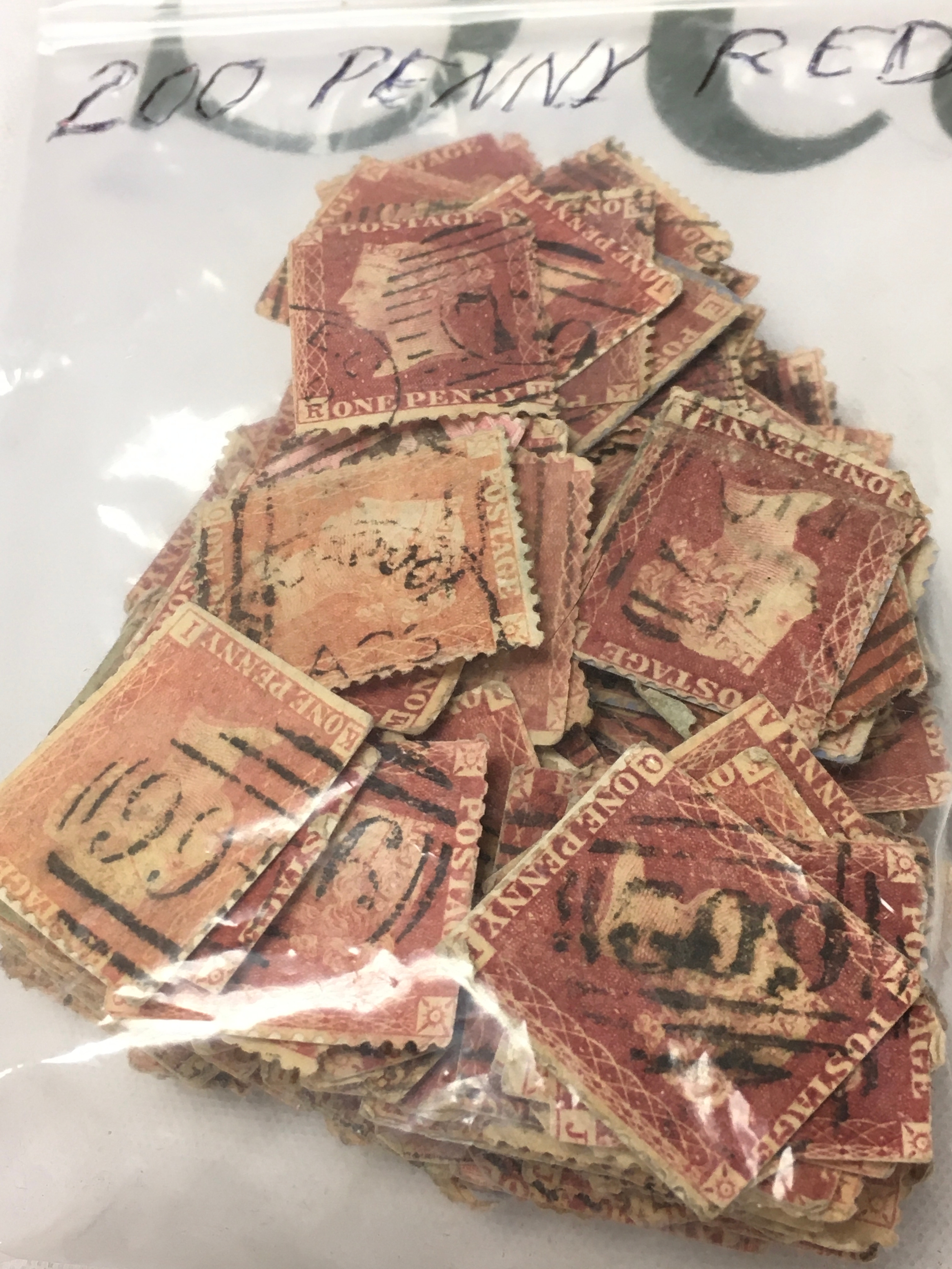 Lot of 200+ Queen Victoria Penny Red stamps 1840-1850s, used.