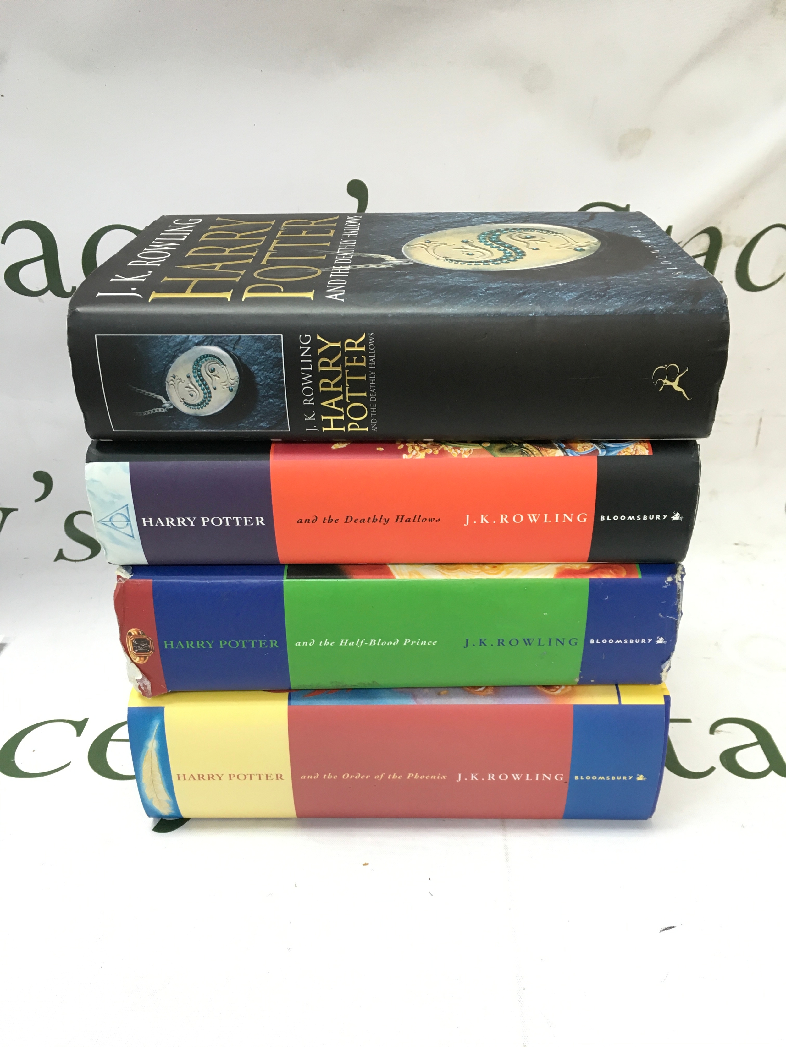 Four Harry Potter books, all first editions with rare 2005 Half Blood Prince with page 99 errors 11 owls not 10