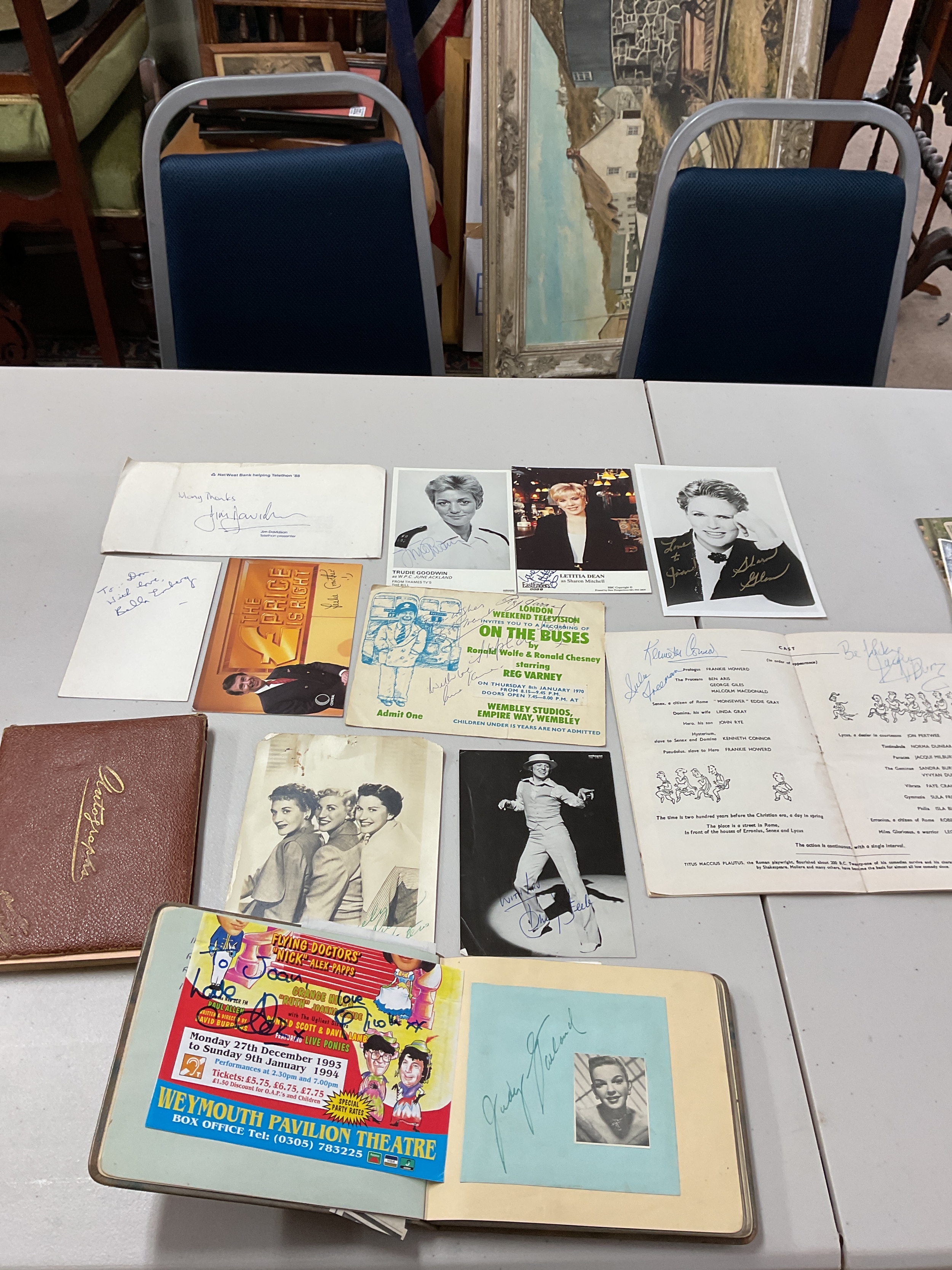 Qty vintage autographs to inc Judy Garland, on the buses cast, spike Milligan, Clive Dunn, and many many more 
