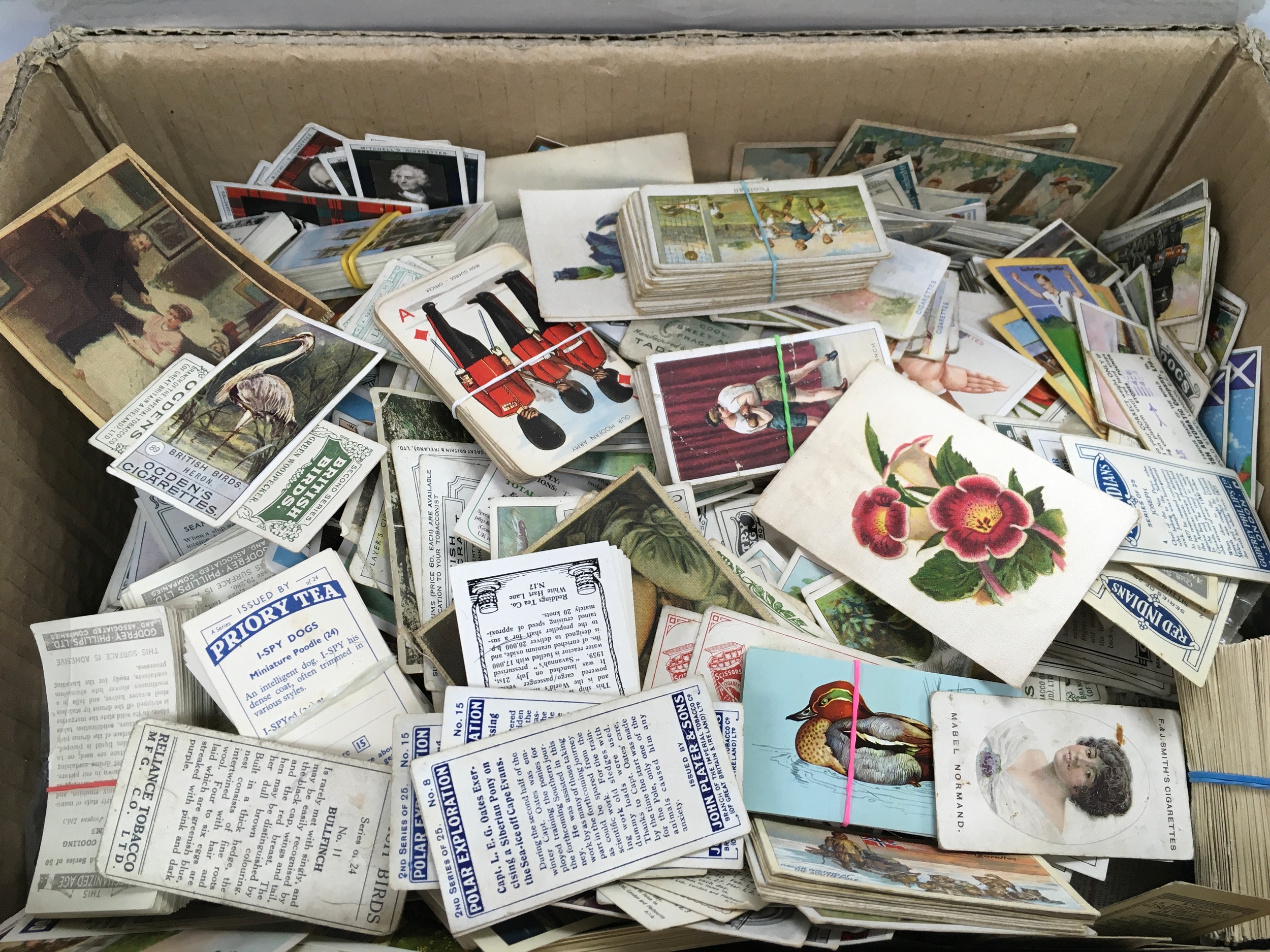 A box containing large collection of mixed cigarettes cards 